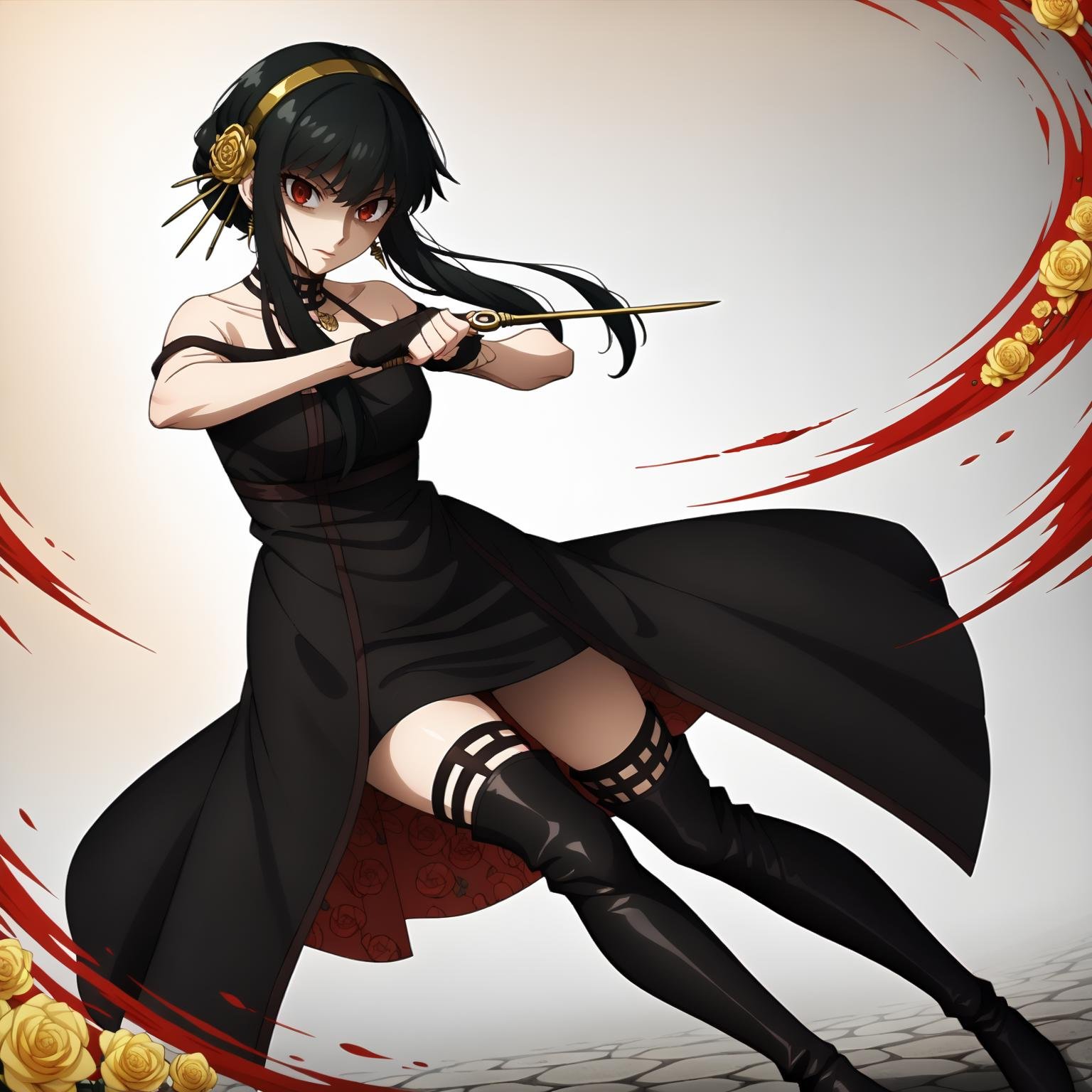 <lora:YorForgerXLpony004>,looking at viewer,solo,YorForger,1girl,black hair,red eyes,short hair with long locks,gold hairband,hair flower,black choker,black dress,sleeveless,off shoulder,floral_print,fingerless gloves,black footwear,(thigh high heel boots:1.2),fighting_stance,holding dagger,shaded_face,