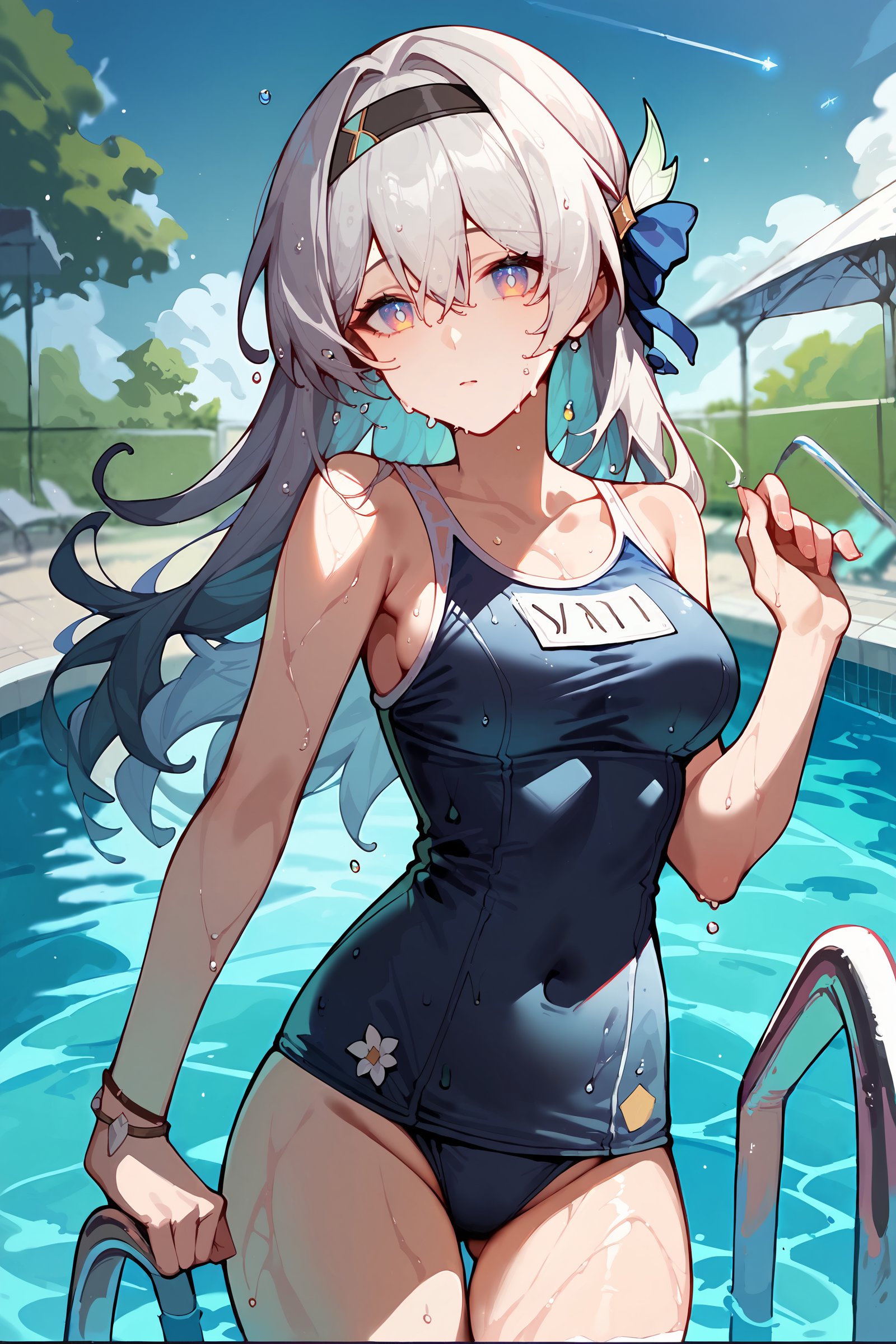 score_9, score_8_up, score_7_up, 1girl, firefly \(honkai: star rail\), hairband, school swimsuit, bare shoulders, poolside, pool, wet, cowboy shot, outdoors, looking at viewer,  blue sky, sunbeam, depth of field  <lora:Char-HonkaiSR-Firefly-V1-Pony:0.9> <lora:Expressive_H:0.9> 