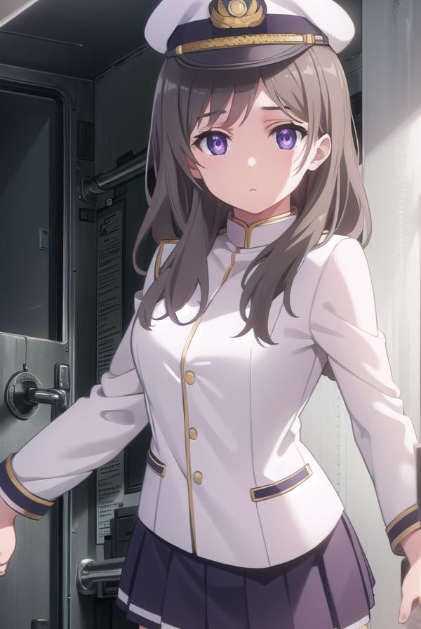 chinamoeka, <lora:china moeka s1-lora-nochekaiser:1>,china moeka, long hair, brown hair, (purple eyes:1.1),BREAK hair ornament, hat, hairclip, uniform, military, military uniform, peaked cap, naval uniform, (white uniform:1.5),BREAK outdoors, ship, navy,BREAK looking at viewer, (cowboy shot:1.5),BREAK <lyco:GoodHands-beta2:1>, (masterpiece:1.2), best quality, high resolution, unity 8k wallpaper, (illustration:0.8), (beautiful detailed eyes:1.6), extremely detailed face, perfect lighting, extremely detailed CG, (perfect hands, perfect anatomy),