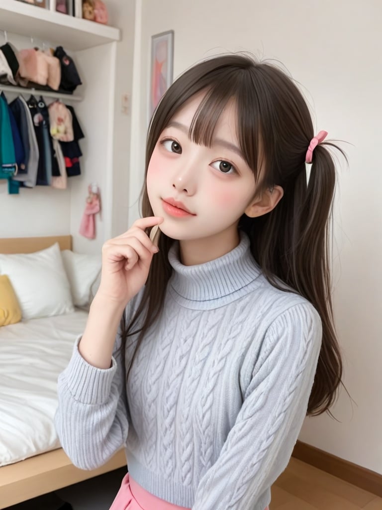 ((score_9, realistic)), ((face focus)), ((fair skin)), ((skinny)), 1girl, on side up, cute, idol, jpop, kpop, belle, petite, narrow waist, highneck sweater, indoors, <lora:ADetailerNetidolFace_pony:0.5>,