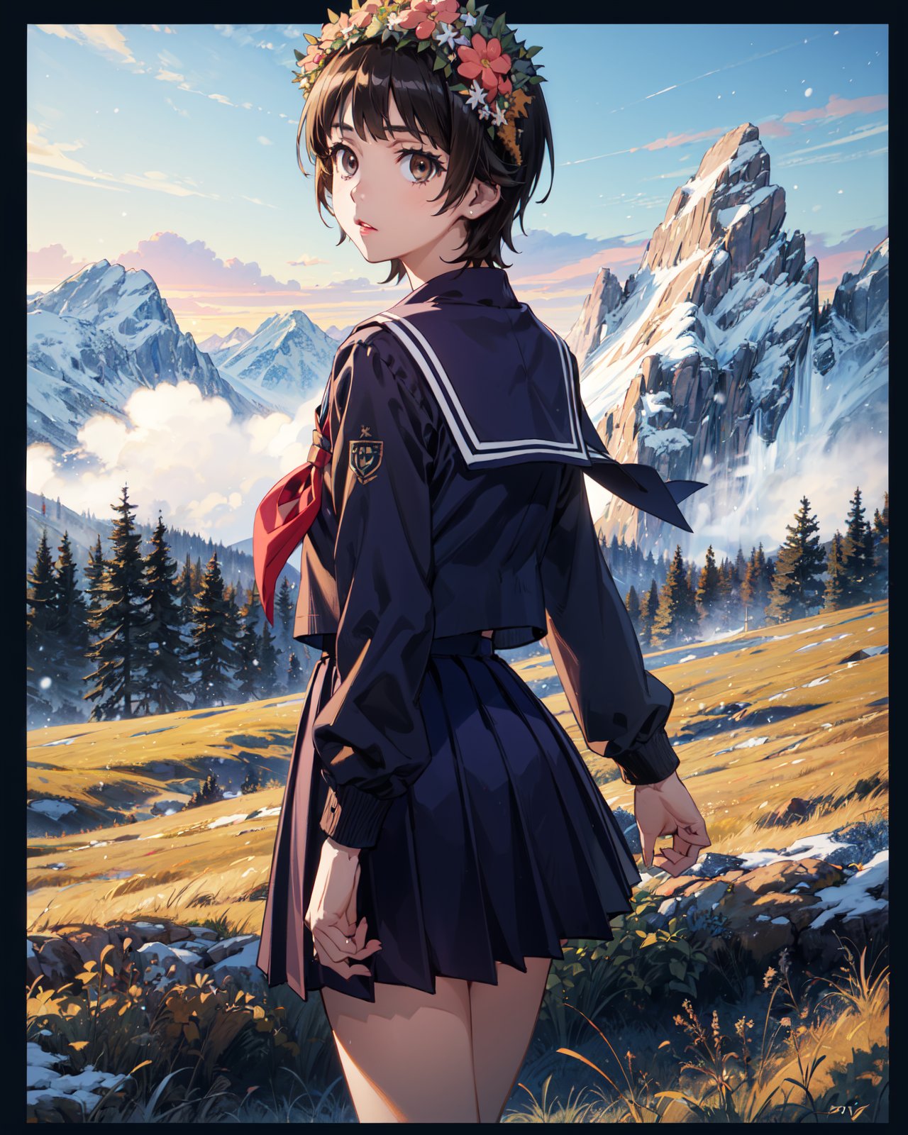 <lora:Uiharu-000007:0.8>,Uiharu CYQL,1girl,looking at viewer,solo,short hair,black hair,brown eyes,head wreath,flower,hair flower,(school uniform,winter uniform,serafuku,skirt,pleated skirt,red neckerchief,sailor collar,blue skirt,shirt,long sleeves,neckerchief,blue sailor collar,blue shirt,long skirt,blue serafuku),(teardrop:1.2),beautiful face,beautiful eyes,glossy skin,shiny skin,(full_shot,from_back,jumping:1.2),arm support,Wildflowers, Meadow grass, Mountain peaks, Morning mist, Dawn light, Alpine breeze,Hibiscus flowers,beautiful detailed sky,beautiful detailed glow,(English text:1.3),(border:1.5),posing in front of a colorful and dynamic background,(masterpiece, best quality, beautiful and aesthetic:1.3),contrapposto,female focus,fine fabric emphasis,wallpaper,fashion,Lipstick,depth of field,intricate_detail,finely_detailed,fine_fabric_emphasis,(glossy),<lora:增强减少细节add_detail:0.4>,