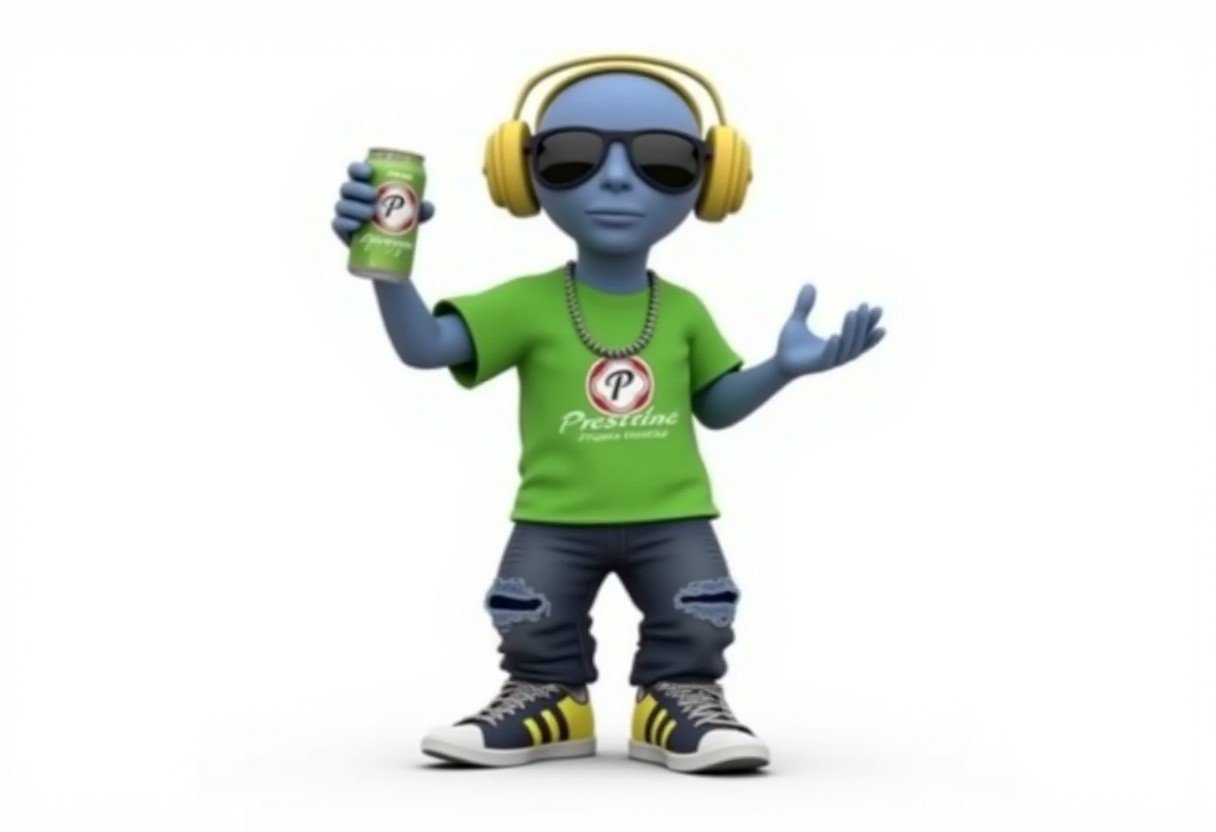 TOKcerveza-Presidente "Generate an image of an alien wearing a green T-shirt with the Cristinini ൠ logo, holding a can of Cerveza Presidente (Pide tu fría por aquí"). The alien should be in ripped pants, tennis shoes with yellow stripes, sunglasses, and headphones, showcasing an urban hip-hop style. The pose should be casual, standing in front of the camera, with a white background. The image can be in the form of a photo, poster, or 3D render."@carlosmanuelpe2 (9)