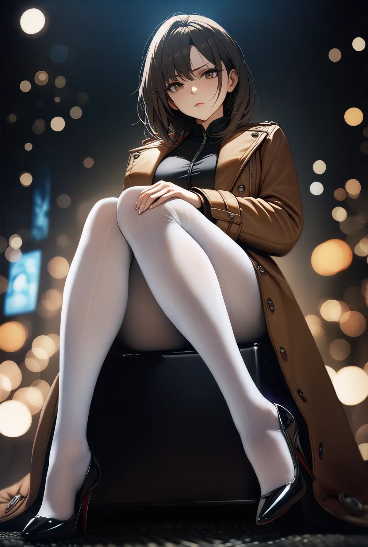 masterpiece,((perfect female body)),looking at viewer,skindentation,beautifully detailed background,narrow waist,SK_CINEMATIC,ZIP2D,1girl,milf,white pantyhose,panorama,curvy,feet,sitting,<lora:0Dpantyhose:0.6>,0dpantyhose,full body,from below,disdain,contempt,serious,high heels,coat,