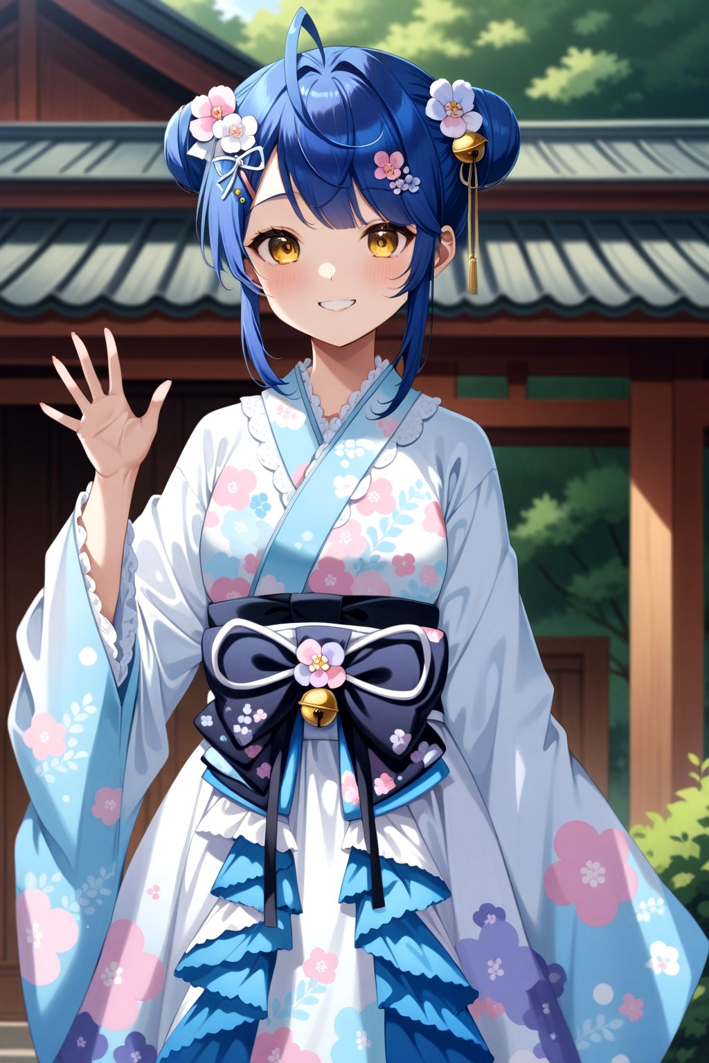 (masterpiece, best quality, very aesthetic, ultra detailed), intricate details, anime style, 4k, bbmya, short hair, ahoge, double bun, hair ribbon, hair bow, hair flower, hair bell, x hair ornament, floral print, japanese clothes, frilled kimono, wide sleeves, sleeves past wrists, sash, obi, <lora:amamiya_kokoro_xl(anima)_v1:0.9>, waving, smile,