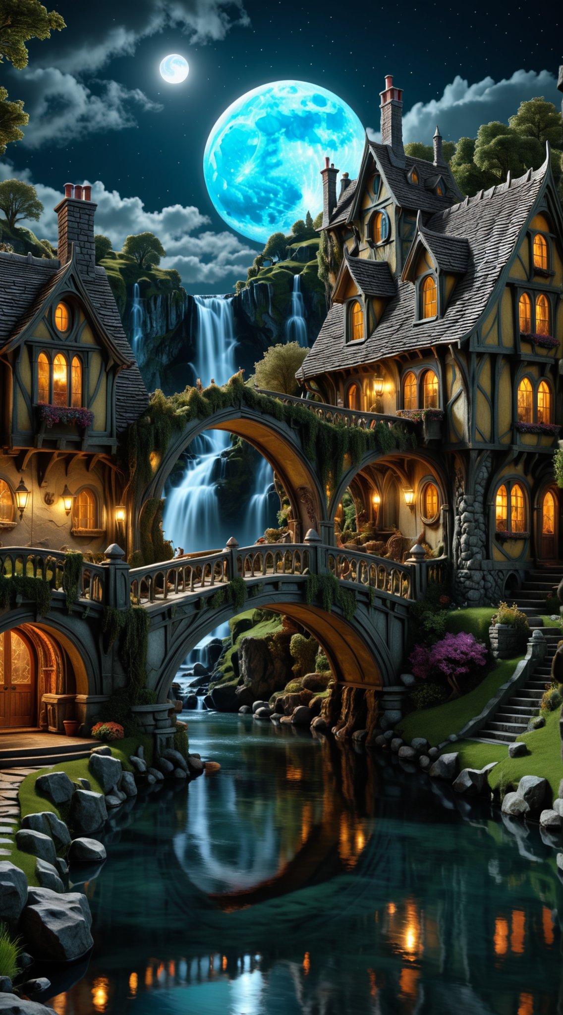 photorealism, intricate details, extremely detailed, masterpiece, masterpiece, Outstanding intricacies, best quality, hires textures, high detail, incredibly detailed, Cinematic Lighting, at night, A hobbits Mansion, River, Bridge, waterfall, Large Marble Moon, intricately detailed, true masterpiece, UHD, vibrant neon, studio quality Overall Detail, Painstaking attention to details, Epic, UHD , <lora:3D_Framed_Wall_Art_-_By_DICE:1>. (3D Framed, Moon), (Use Dream Diffusion Secret Prompt)