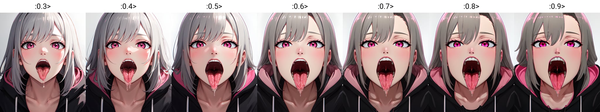 (masterpiece), 1girl, (best quality), solo girl, open mouth, saliva, uvula, [beautiful teeth], <lora:Bigmouthv2-000012:0.3>, grey hair, black jacket, pink eyes,