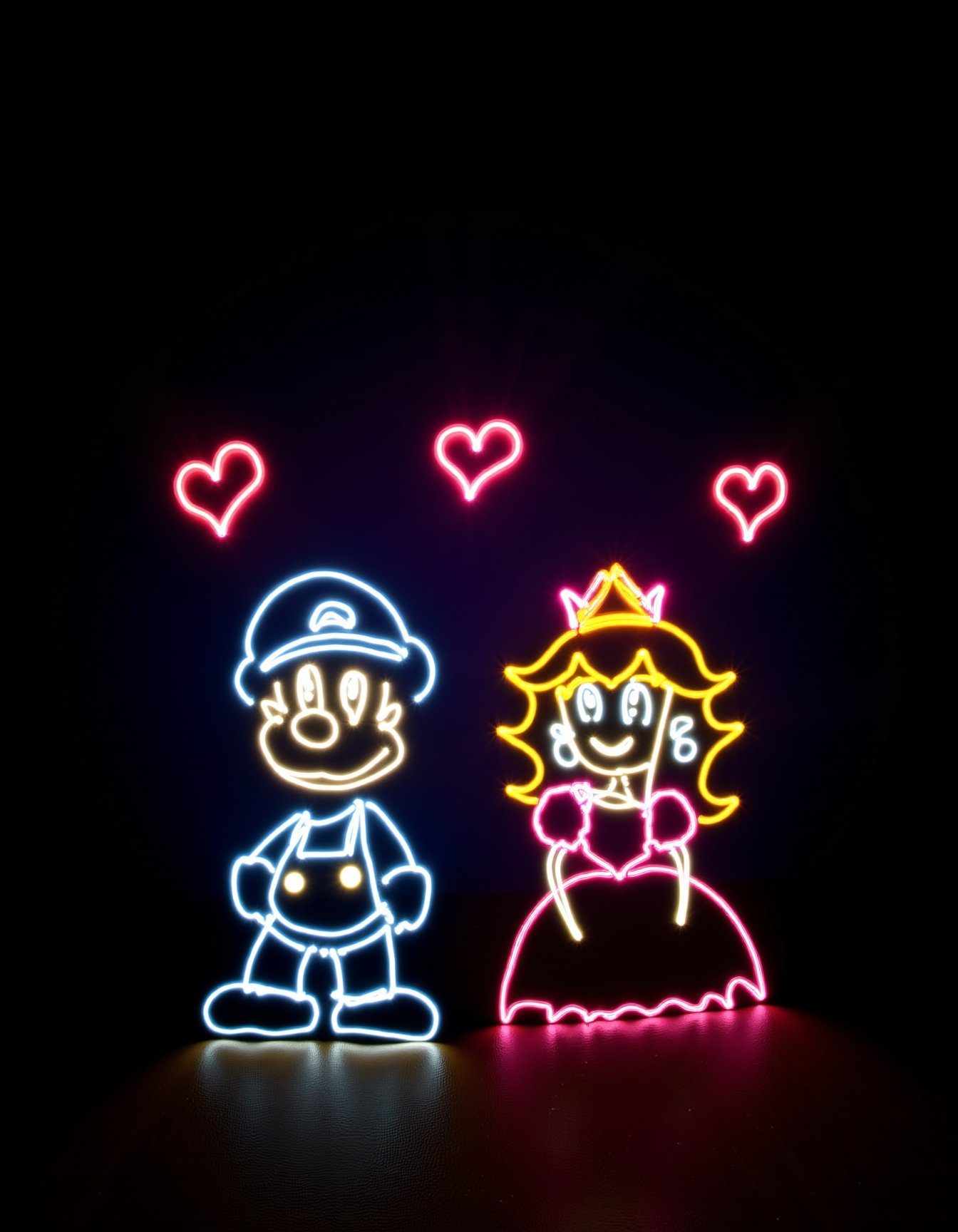 a lightPainting of mario and princess peach with  hearts over their heads<lora:lightPaintingFlux:1>