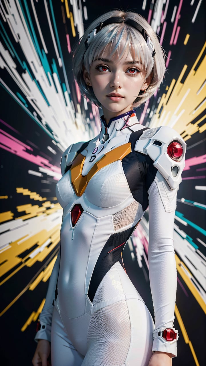 (best quality, masterpiece, colorful, dynamic angle, highest detailed) upper body photo, fashion photography of cute girl (\Rei Ayanami\), red eyes, dressing high detailed Evangelion white suit, in dynamic pose, light passing through hair, perfect night, (abstract background:1.3), (official art)