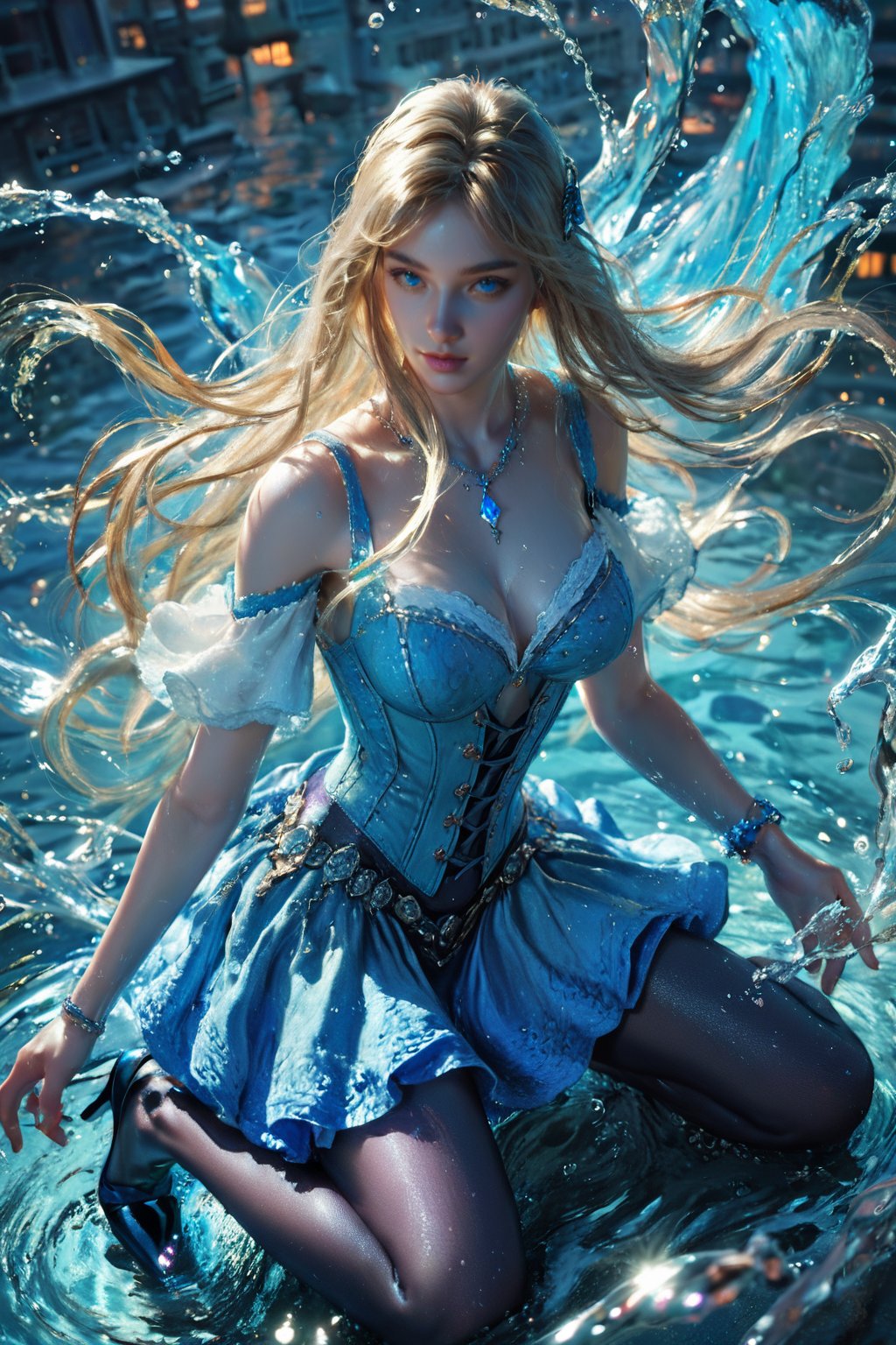 score_9, score_8_up, score_7_up, ethereal, fantasy, a woman in a blue corset, seated on a rock, surrounded by water splashes, dramatic lighting, urban background, dramatic and mystical mood, intricate blue costume, high heels, long flowing hair, serene expression, water droplets, echidna-like pose, high-angle shot, vibrant and dynamic composition., <lora:yushui-pony:0.6>, 