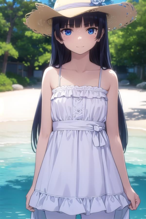 rurigokou, <lora:ruri gokou s2-lora-nochekaiser:1>,ruri gokou, long hair, black hair, dress, pantyhose, mole, mole under eye, hime cut, smile,BREAK blue eyes, hat, dress, white dress, sun hat, sundress,BREAK outdoors, beach,BREAK looking at viewer, (cowboy shot:1.5),BREAK <lyco:GoodHands-beta2:1>, (masterpiece:1.2), best quality, high resolution, unity 8k wallpaper, (illustration:0.8), (beautiful detailed eyes:1.6), extremely detailed face, perfect lighting, extremely detailed CG, (perfect hands, perfect anatomy),