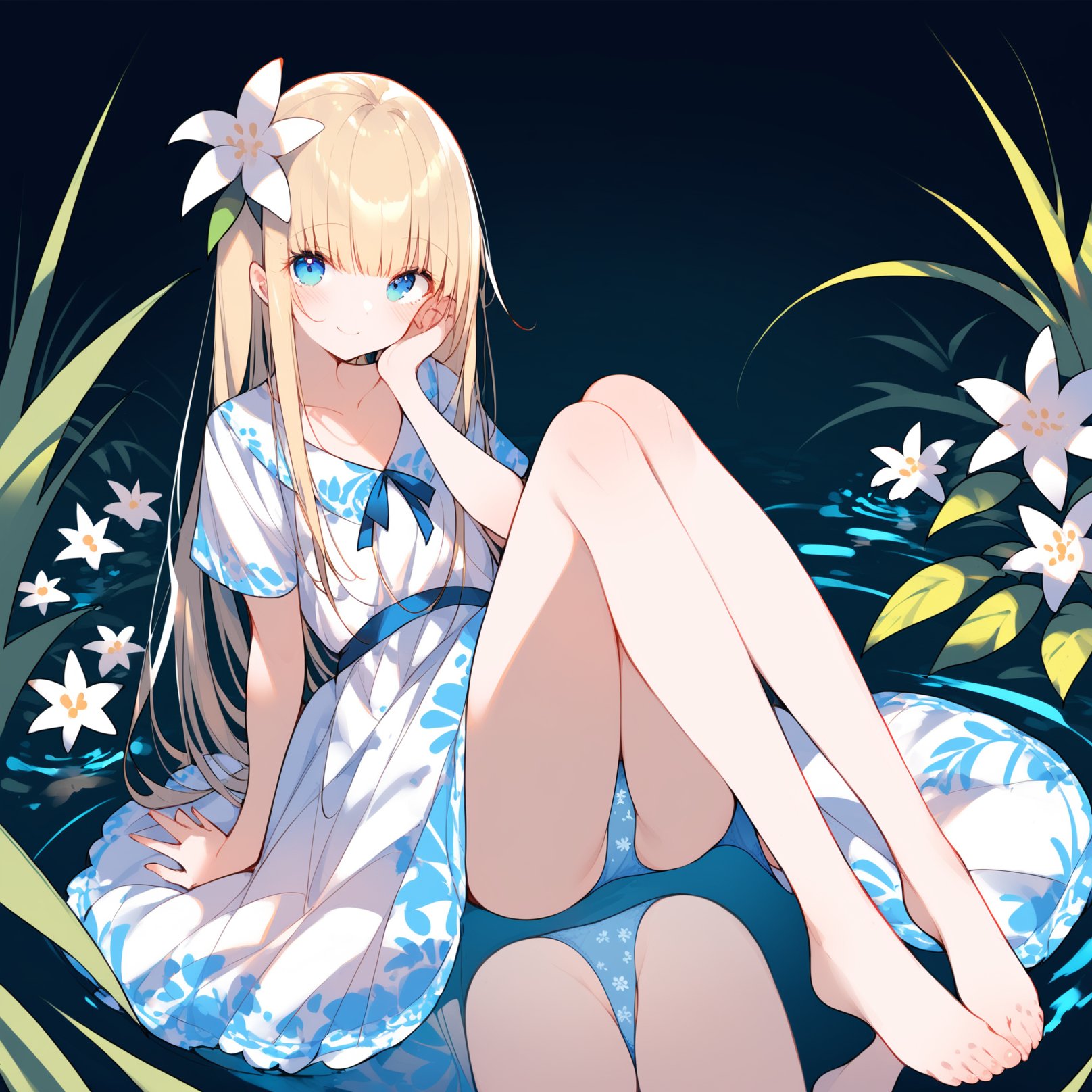 1girl,solo,flower,dress,sitting,barefoot,blonde hair,panties,long hair,looking at viewer,white dress,underwear,bangs,hair ornament,blush,feet,bare legs,toes,white flower,collarbone,water,hair flower,pantyshot,closed mouth,short sleeves,full body,blue eyes,blue panties,hand on own face,knees up,smile,print panties,knees together feet apart,legs,hand on own cheek,black background,reflection,plant,upskirt,