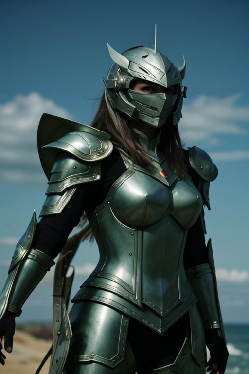 hxarmour,1girl,(light green armour:1.3),Archipelago Clear Sky,<lora:HXarmour_001:0.9>,