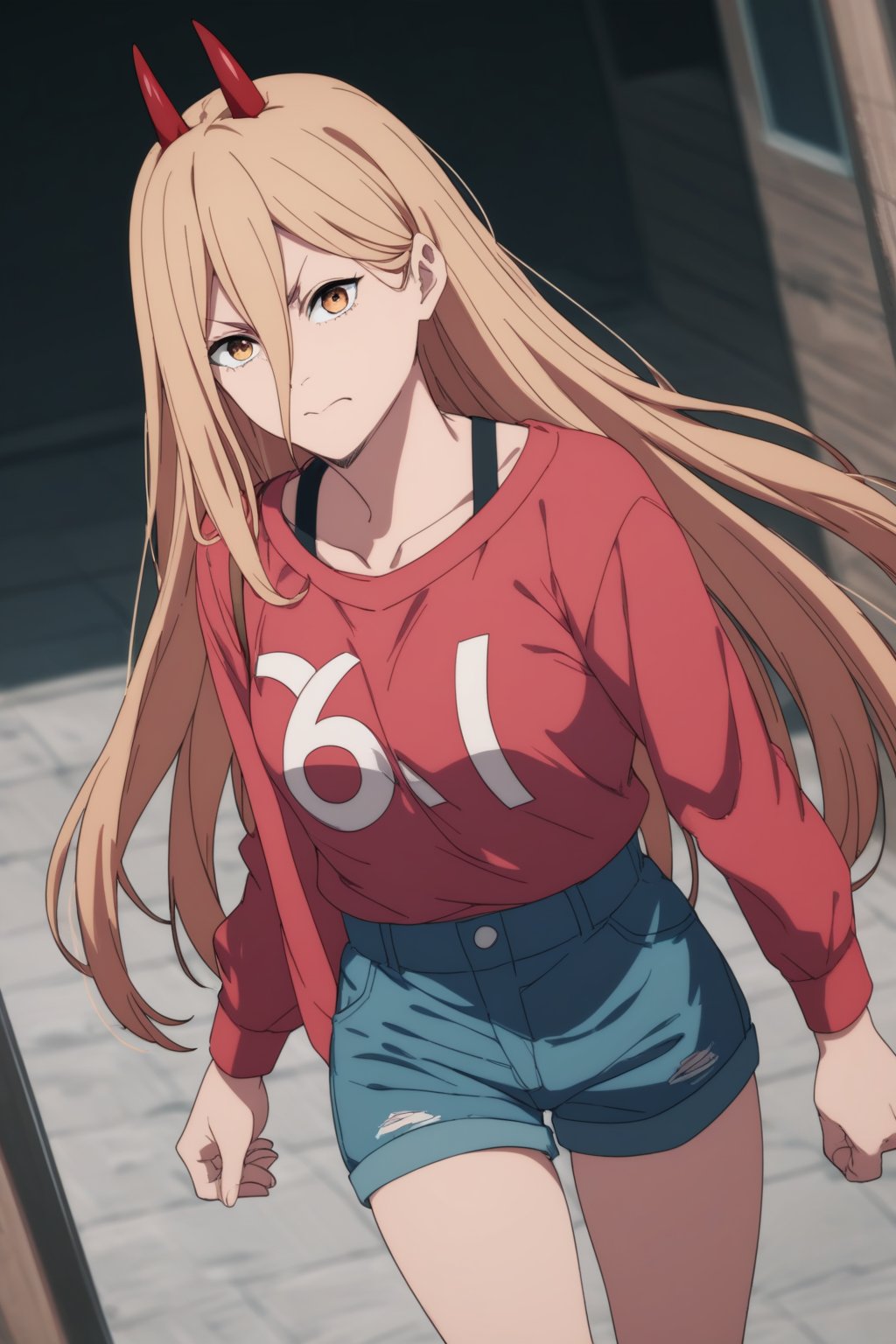 score_9, score_8_up, score_7_up, score_6_up, score_5_up, score_4_up, BREAK, source_anime,power_v1, 1girl, red horns, long hair, hair between eyes, red shirt, shorts<lora:EMS-354632-EMS:0.800000>