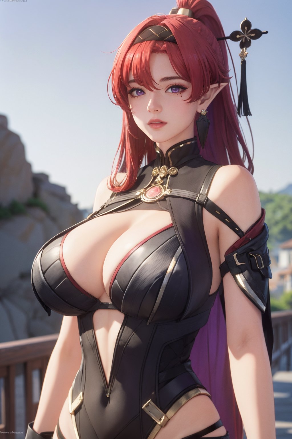 <lora:Wuthering Waves_YinLin-Reality:0.7>,Wuthering Waves_YinLin,mole under eye,very long hair,purple eyes,pointy ears,hair ornament,hairband,huge breasts,, edge quality,perspective silhouette,8k,best quality,masterpiece,extremely detailed,rule of thirds,photorealistic,superb,HDR,high resolution,sharp focus,photorealistic rendering,extremely detailed description,professional,gorgeous and intricate detail,