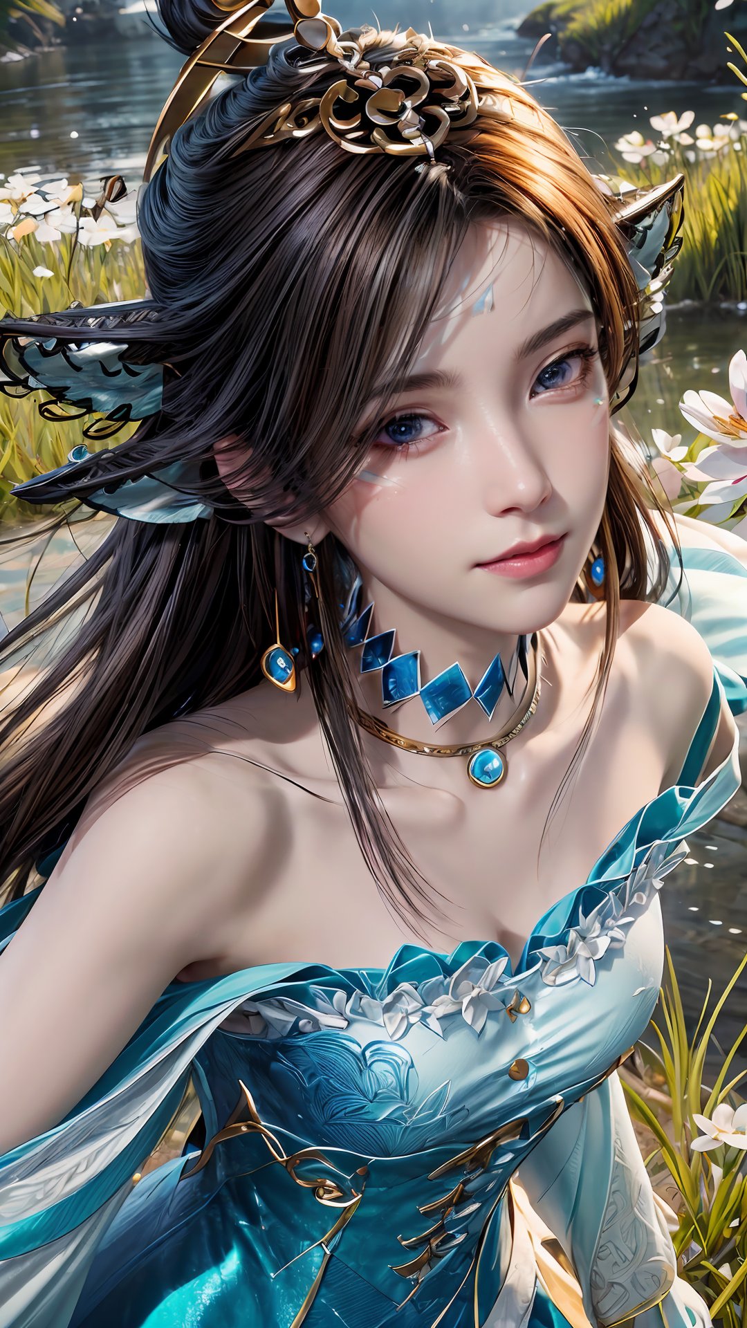 masterpiece,best quality,official art,extremely detailed CG unity 8k wallpaper,realistic,light rays,light particles,1girl,solo,medium chest,in a meadow,stream,mountain,cherry_blossoms,flower,outdoors,long_hair,earrings,(hair_ornament:1.2),dynamic pose,looking at viewer,(cowboy shot:1.2),