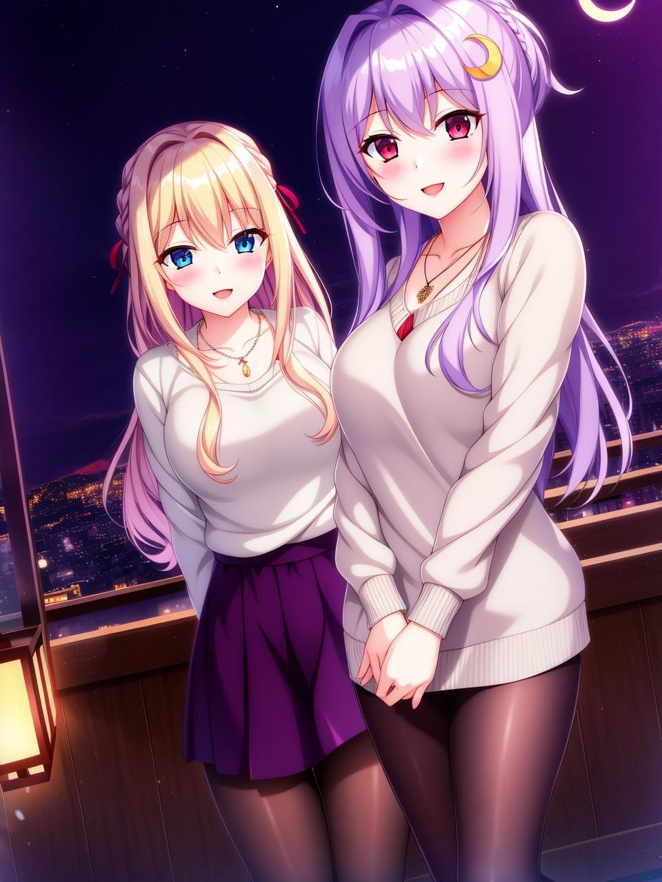 long_hair, looking_at_viewer, blush, smile, open_mouth, blue_eyes, multiple_girls, blonde_hair, hair_ornament, red_eyes, 2girls, ponytail, braid, grey_hair, pantyhose, necklace, sweater, dutch_angle, single_braid, night, crescent, crescent_hair_ornament