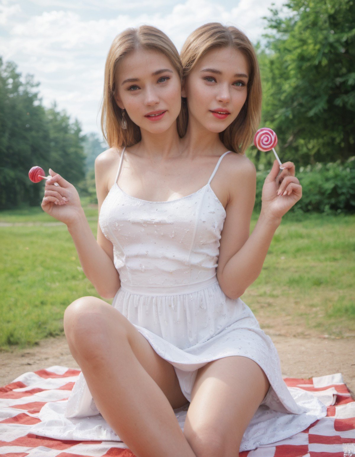 <lora:twoheads:1>  twoheads, 2 heads, holding lollipop, lollipop, white dress, picnic, legs, zPDXL BREAK , score_9, score_8_up, score_7_up