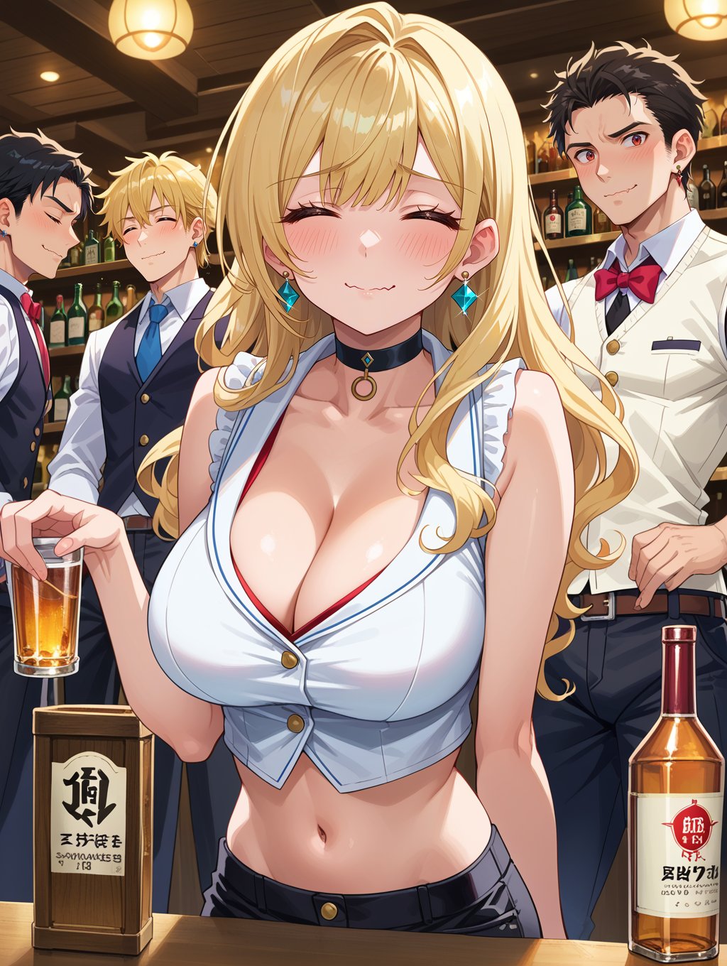 score_9, score_8_up, score_7_up,source_anime,bar, Bottle of liquor, sigh, sitting on table, many men,multiple boys, from below, (men smile), 1girl, spsara, blonde long hair, ruby earrings, large breasts, choker, cleavage, black pants, (midriff:1.5), (white vest), navel, (bare stomach), sleeveless, bare shoulders, (tight vest), (short vest), closed eyes, looking at viewer, embarrassed, wavy mouth, blush, upper body, cowboy shot, looking at viewer, urushihara satoshi style, detailed background,