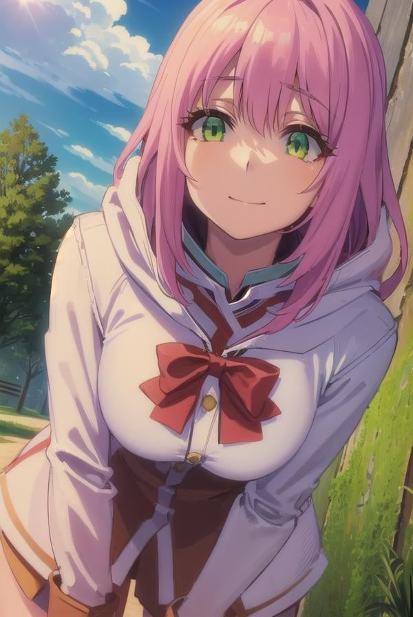 nornclatalissajioral, <lora:norn clatalissa jioral s1-lora-nochekaiser:1>,norn clatalissa jioral, long hair, hair between eyes, (green eyes:1.5), pink hair, smile,BREAK long sleeves, dress, bow, red bow, hood, robe, white robe,BREAK outdoors, forest, nature, grass, trees, sun, sky, clouds,BREAK looking at viewer, (cowboy shot:1.5),BREAK <lyco:GoodHands-beta2:1>, (masterpiece:1.2), best quality, high resolution, unity 8k wallpaper, (illustration:0.8), (beautiful detailed eyes:1.6), extremely detailed face, perfect lighting, extremely detailed CG, (perfect hands, perfect anatomy),