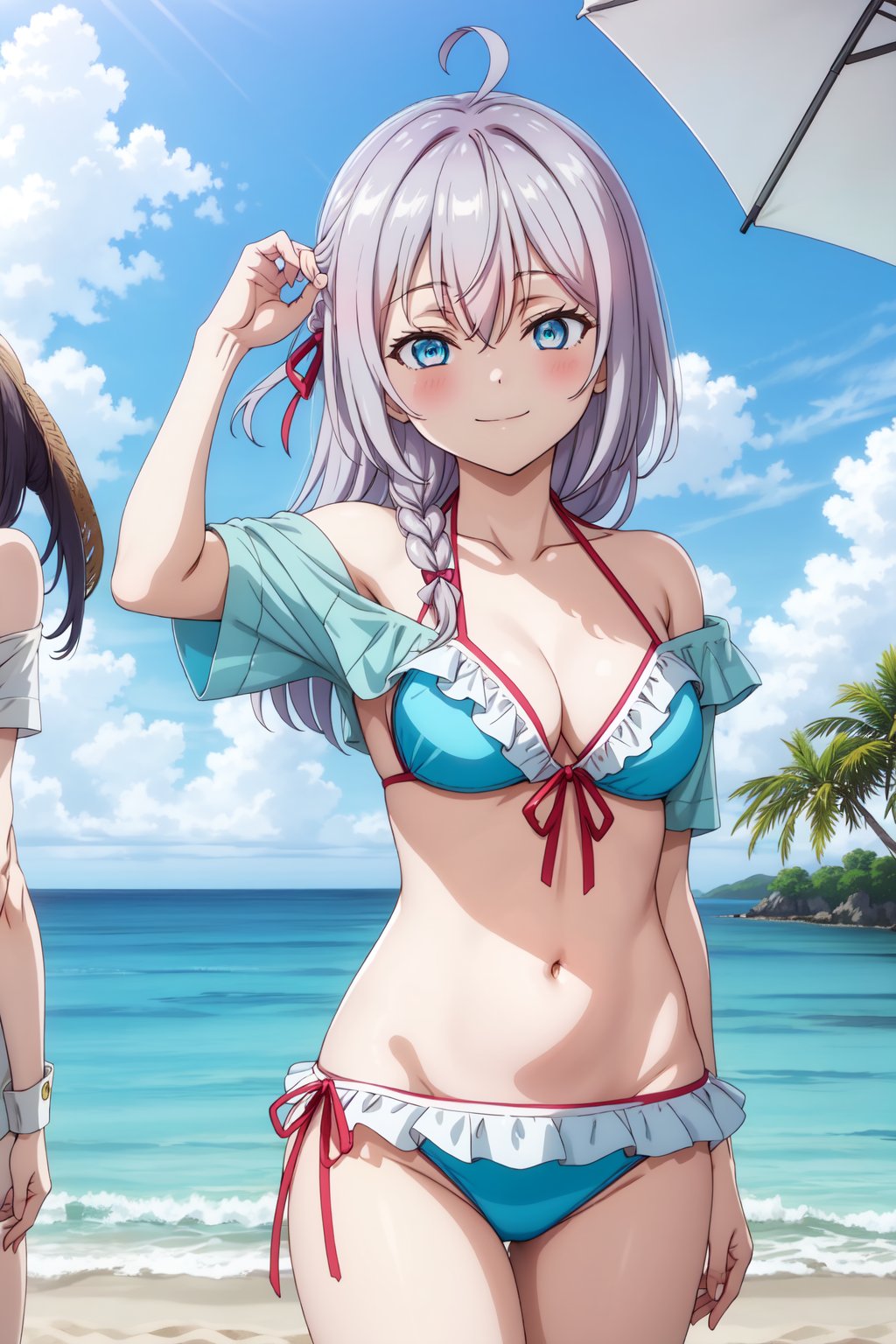 AlisaMikhailovna, 4k, absurd, high resolution, very high resolution, high definition, masterpiece, 1girl, long hair, looking at viewer, blush, smile, blue eyes, multiple girls, hat, bow, ribbon, navel, holding, hair between eyes, bare shoulders, closed mouth, collarbone, swimsuit, braid, ahoge, hair bow, grey hair, bikini, cowboy shot, outdoors, frills, sky, solo focus, day, hand up, off shoulder, stomach, side-tie bikini bottom, ocean, umbrella, white bikini, beach, sunglasses, pink bow, headwear removed, frilled bikini, hat removed, straw hat, eyewear removed, tinted eyewear, off-shoulder bikini, eyewear hang<lora:EMS-418017-EMS:0.800000>