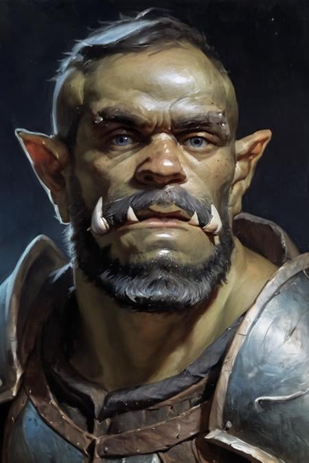 score_9, score_8_up, score_7_up, rating_safe, oil painting, traditional media, realistic, 1boy, solo, male focus, mature male, orc, green skin, tusks, blue eyes, short hair, black hair, facial hair, beard, mustache, looking at viewer, armor, shoulder armor, breastplate, pauldrons, upper body, closed mouth, standing, outdoors, night, night sky, dark background <lora:Cold Oil Style SDXL_LoRA_Pony Diffusion V6 XL:1>