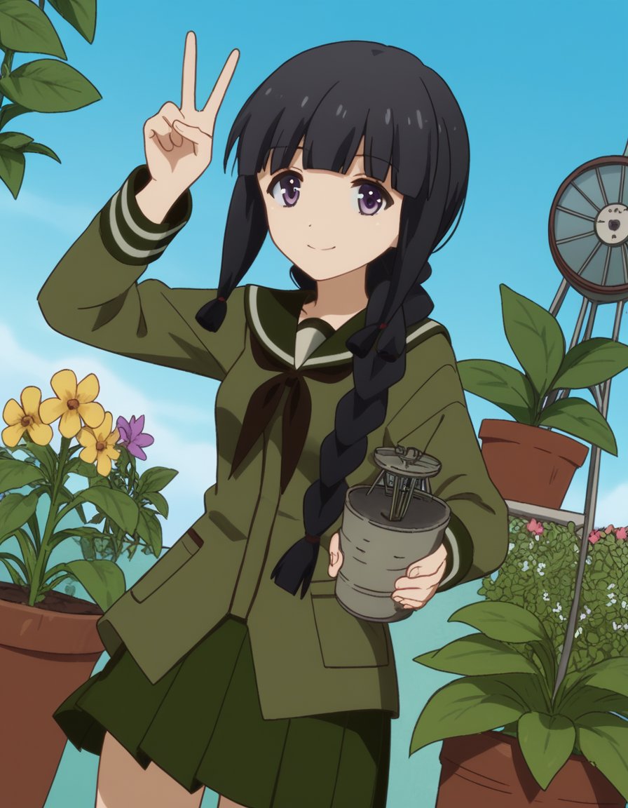 score_9, score_8_up, score_7_up, source_anime, <lora:kancolle-kitakami-s1-ponyxl-lora-nochekaiser:1>, kitakami, long hair, bangs, black hair, purple eyes, braid, blunt bangs, single braid, hair over shoulder, kitakami (kancolle), skirt, school uniform, serafuku, green skirt, pleated skirt, green shirt, green sailor collar, gardening, watering plants, backyard, flowers blooming, sunny day,, , looking at viewer, v, smile, solo,, cowboy shot, dutch angle