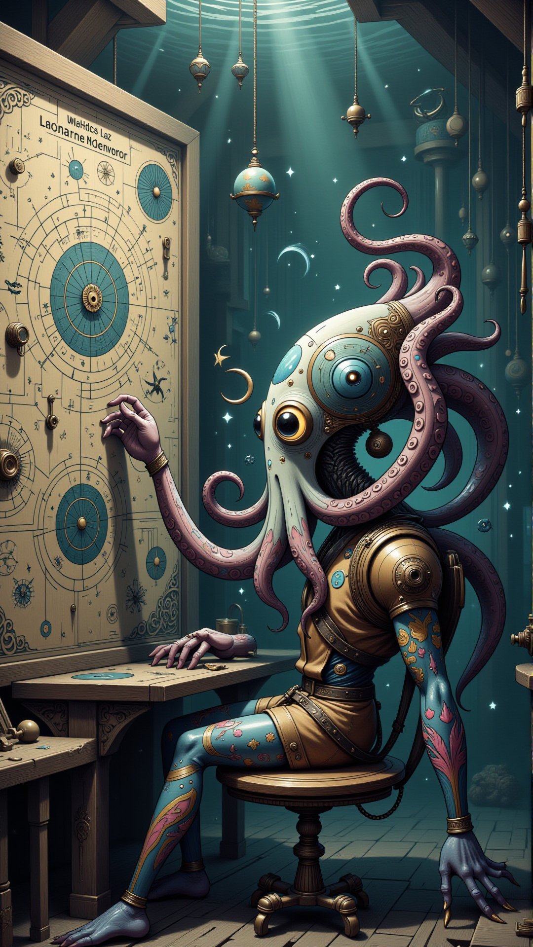 A cyborg octopus named Zara, adorned with iridescent tattoos, rearranges the celestial maps etched into the walls of an abandoned, underwater observatory.