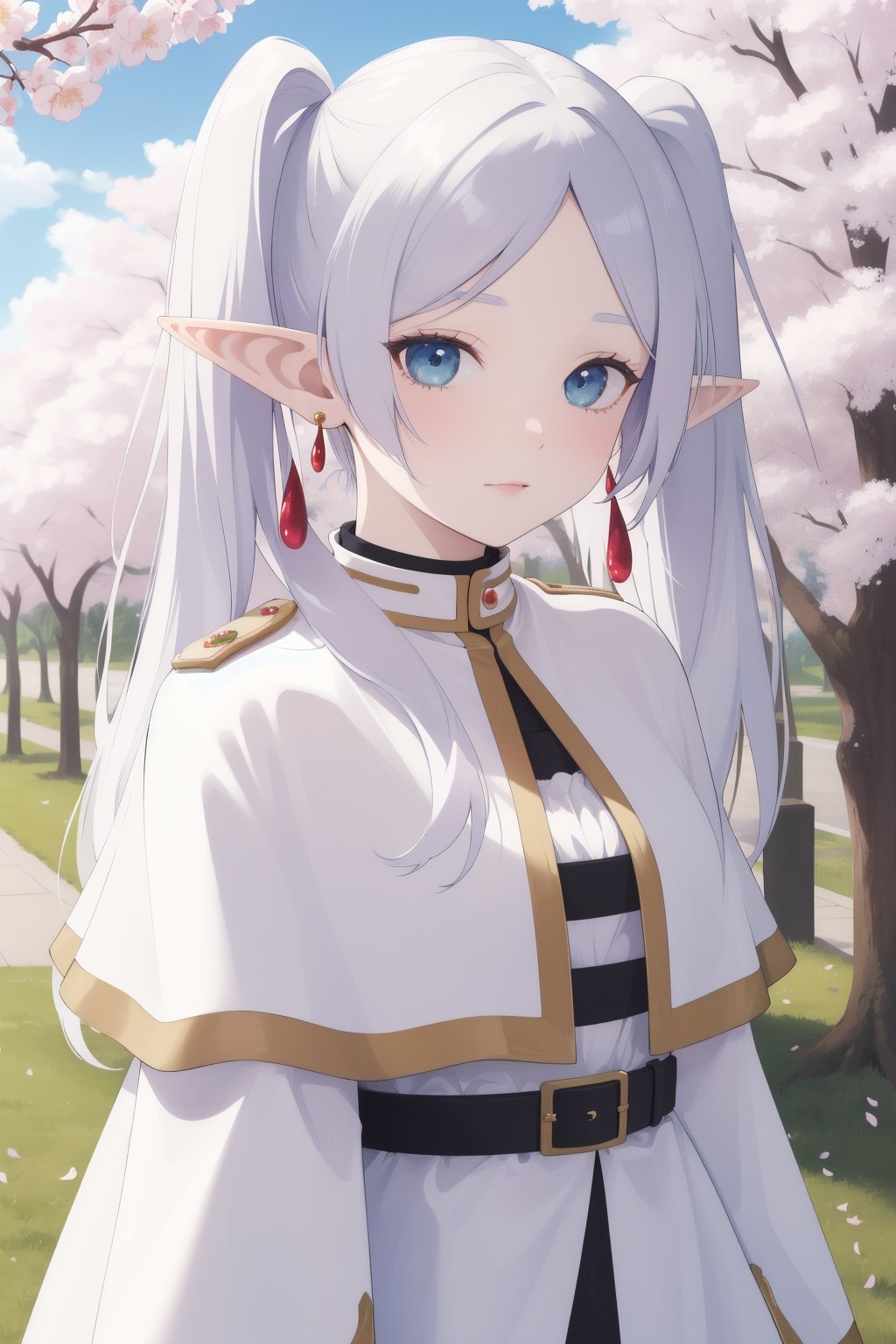 (masterpiece, best quality, high quality, highres, ultra-detailed:1.2),1girl,upper body,close-up,outdoors,falling leaves,cherry blossoms, frieren,long hair,pointy ears,twintails,jewelry,elf,earrings,capelet,white capelet,long sleeves,parted bangs,dress,belt,flower,<lora:lbc_Frieren24324_v1.0:1>,