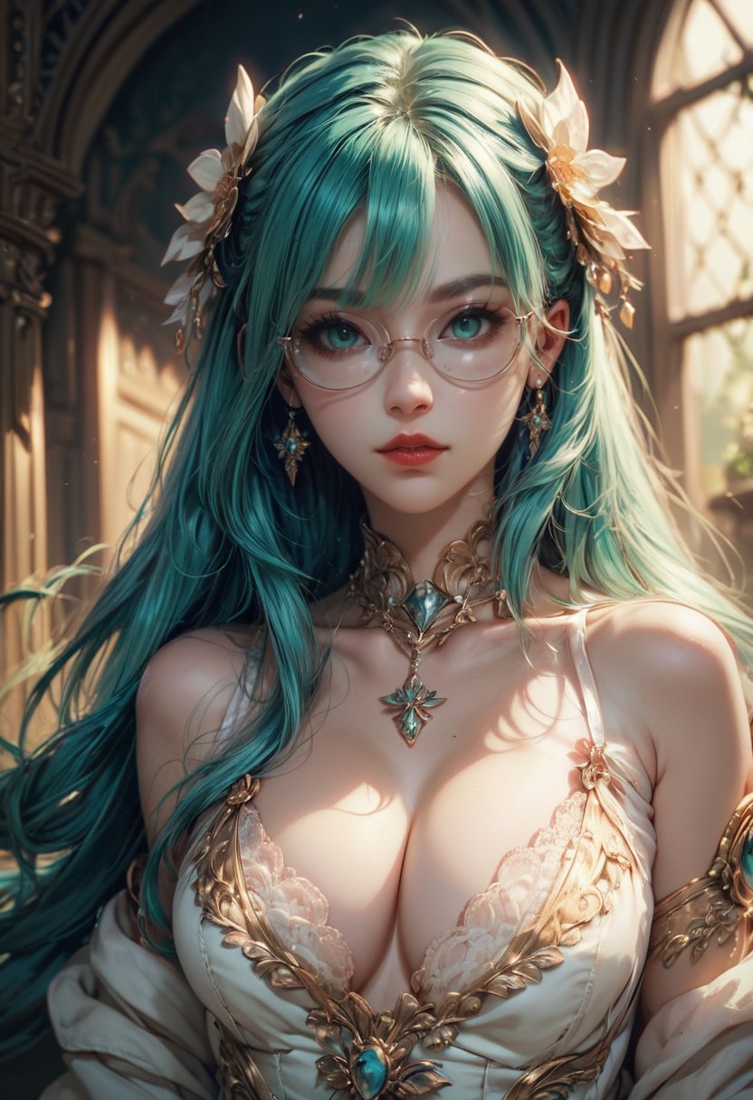 score_9,score_8_up,score_7_up, zPDXL, 1girl, solo, long hair, breasts, looking at viewer, bangs, large breasts, hair ornament, dress, cleavage, bare shoulders, jewelry, medium breasts, green eyes, collarbone, upper body, earrings, parted lips, green hair, glasses, shiny, necklace, blurry, aqua eyes, lips, eyelashes, aqua hair, makeup, gem, realistic, red lips, mascara<lora:fiasco_A1:0.8>