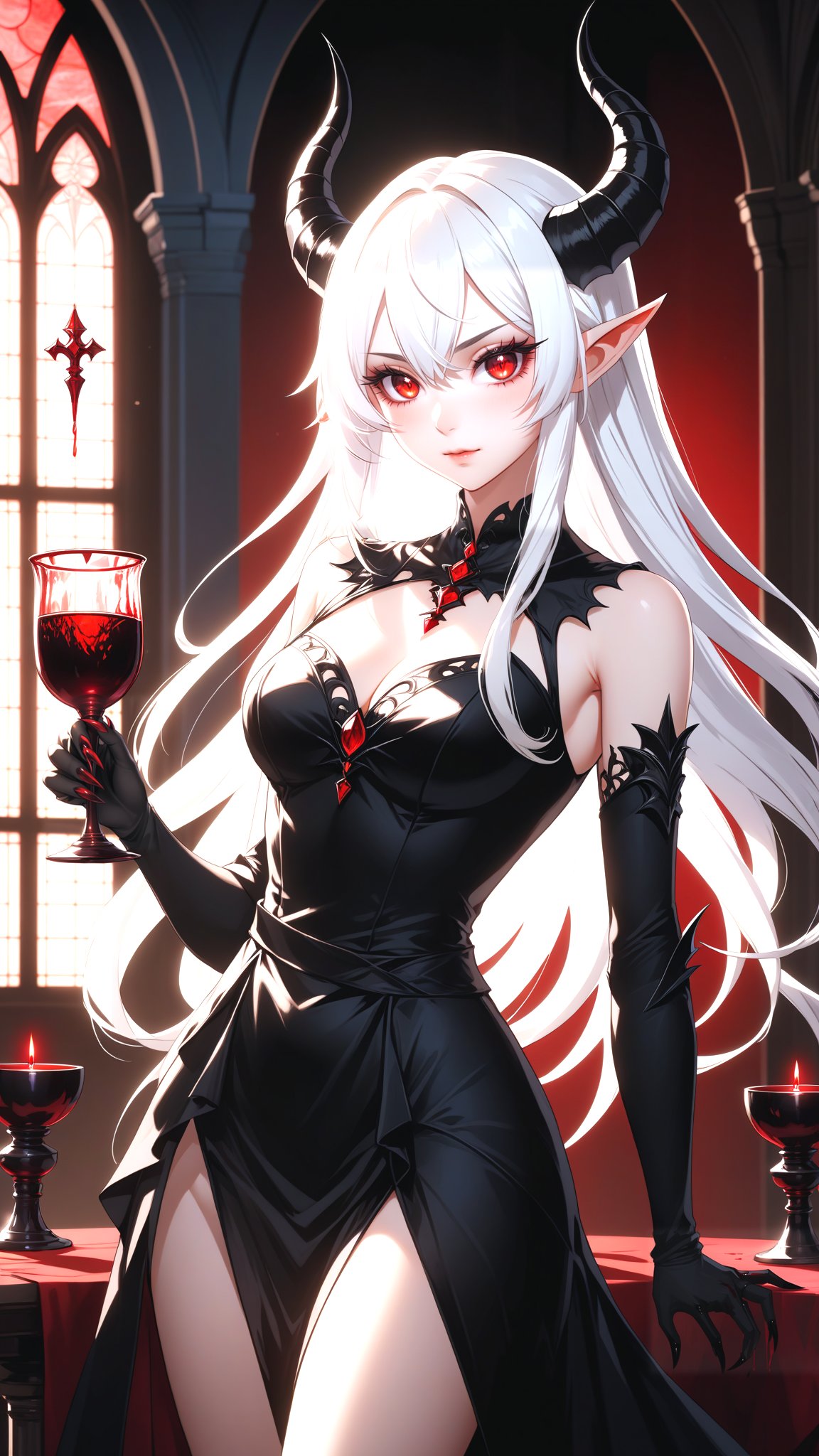 1 beautiful demon girl,  long white hair, (short and small black demon horn),  glowing red eyes, small pointed ears,  (black-blood-red wings), ((claw hands)):1.5,  black dress, beautiful face and eyes, slim body, medium small breasts, cleavage, holds a goblet full of blood in her claw,(masterpiece, best quality, ultra-detailed, best shadow), detailed background, high contrast, (best illumination, an extremely delicate and beautiful), ((cinematic light)), hyper detail, dramatic light, intricate details, 8k, anime, very aesthetic,