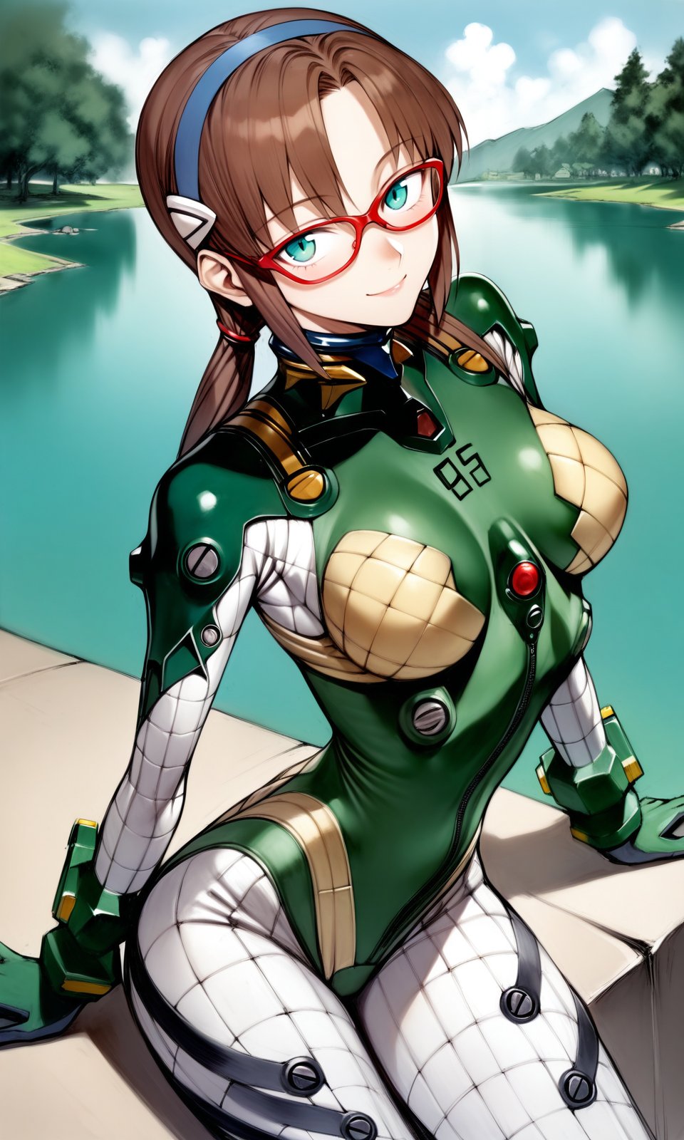 solo, 1girl, maritest, aqua eyes, hairband, brown hair, red-framed eyewear, plugsuit, bracer, quilted bodysuit 05,looking at viewer, light smile, outdoors, lake, masterpiece, absurdres, by nyatabe, by (mogudan:0.5), <lora:MariTestSuit_XL:1><lora:Nyatabe_XL:0.65> <lora:Fixhands_anime_bdsqlsz_V1:1> 