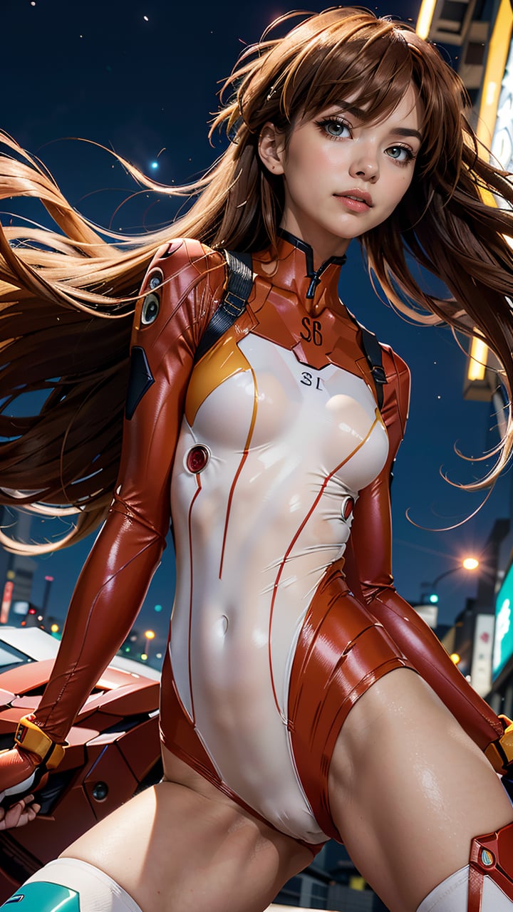 (best quality, masterpiece, colorful, dynamic angle, highest detailed)(Asuka Langley), upperbody shot, fashion photography of cute, intense long hair, (Asuka Langley), dressing high detailed Evangelion red suit in dynamic pose, bokeh, light passing through hair, perfect night, (abstract background:1.3), (official art)