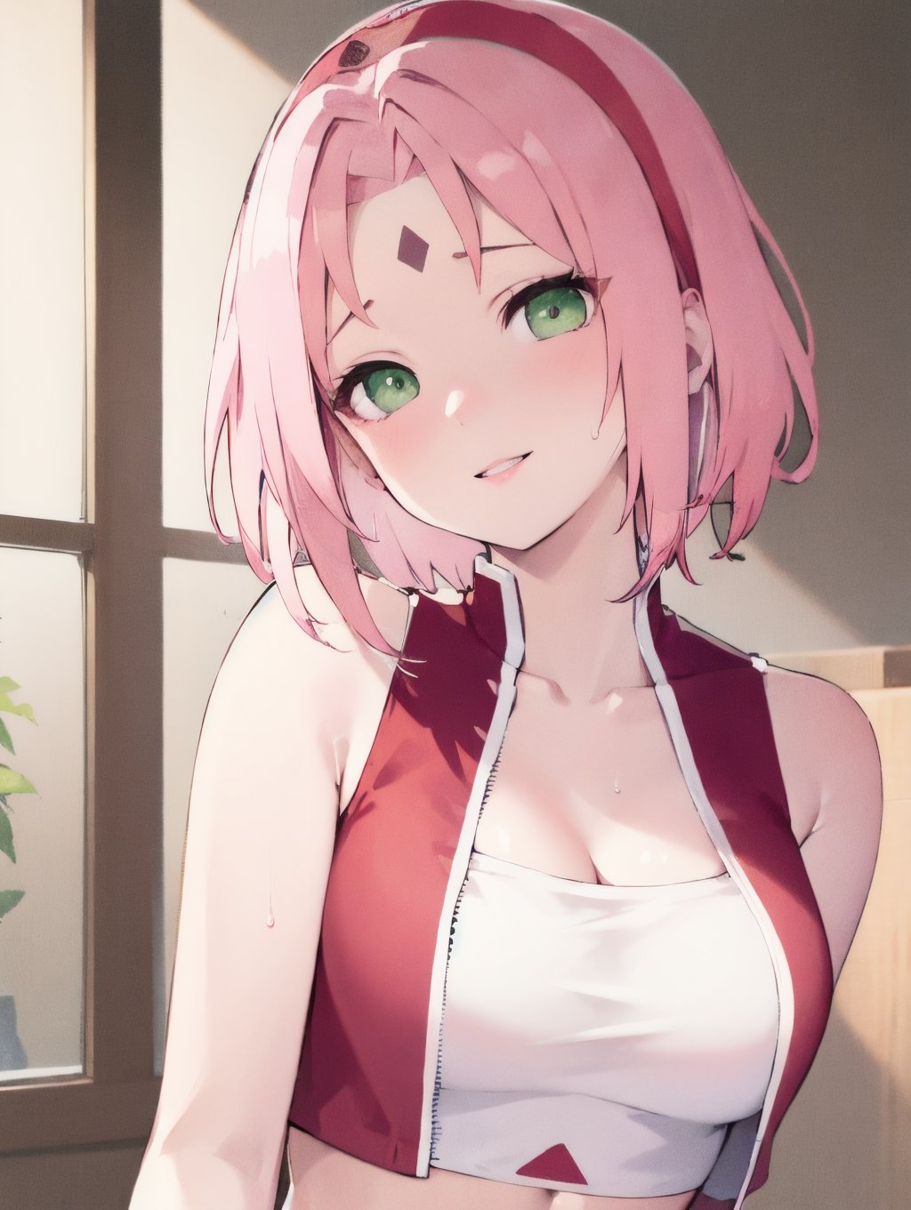 masterpiece,highres,1girl, haruno sakura, solo, looking at viewer, blush, smile, short hair, bangs, bare shoulders, medium breasts, green eyes, collarbone, upper body, pink hair, sweat, parted lips, sleeveless, shiny, indoors, crop top, shiny skin, parted bangs, zipper, forehead mark, red hairband, taut clothes, realistic,<lora:lbc_haruno_sakura_240324_v1.0-000012:0.9>,