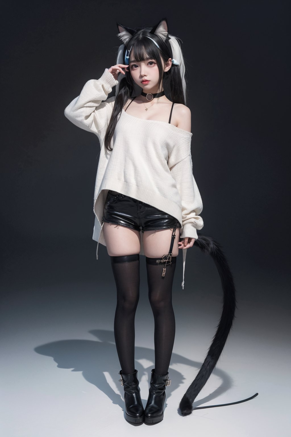 1girl,absurdres,animal_ear_fluff,animal_ears,black_choker,black_hair,cat_ears,cat_girl,cat_tail,choker,(full_body:1.5),highres,shouwang,simple_background,solo,sweater,tablet_pc,tail,thigh_strap,twintails,white_background,autoappealing,autoappealingdb,best quality,masterpiece,nai3,, cos,