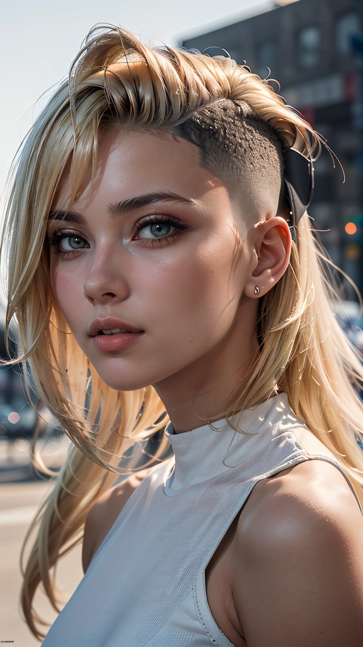 (best quality, masterpiece, colorful, dynamic angle, highest detailed) 1girl, 18yo, blonde, (hi-top fade:1.3), dark theme, soothing tones, muted colors, (natural skin texture, hyperrealism, soft light, sharp), fashion photographyin dynamic pose, light passing through hair, (official art)