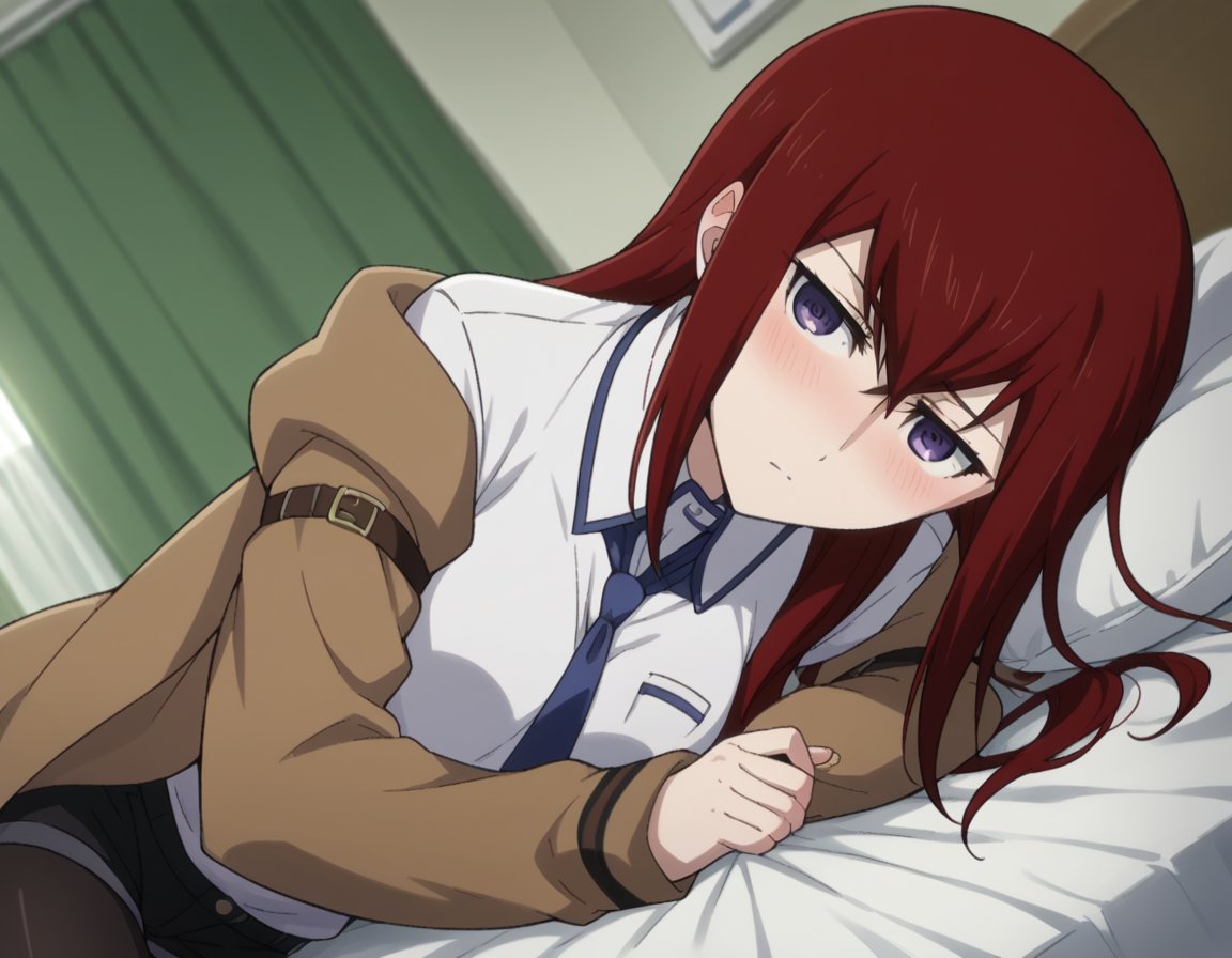 score_9, score_8_up, score_7_up, source_anime,kurisumakise, <lora:kurisu-makise-s1-ponyxl-lora-nochekaiser:1>,kurisu makise, hair between eyes, hair over shoulder, long hair, purple eyes, red hair, straight hair,black pantyhose, black shorts, brown coat, coat, collared shirt, long sleeves, necktie, pantyhose, pantyhose under shorts, shirt, short shorts, shorts, sleeves past wrists, white shirt, wing collar,indoors, bed, bed room, on side, blush, drunk,looking at viewer, cowboy shot, solo, dutch angle,