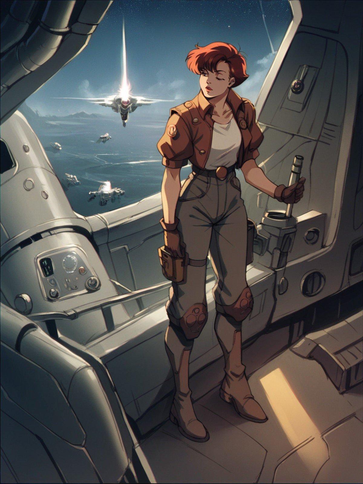 score_9, score_8_up, score_7_up, score_6_up, score_5_up, <lora:T43XLP:1> t43, spacecraft, science fiction, 1girl, solo, retro artstyle, 