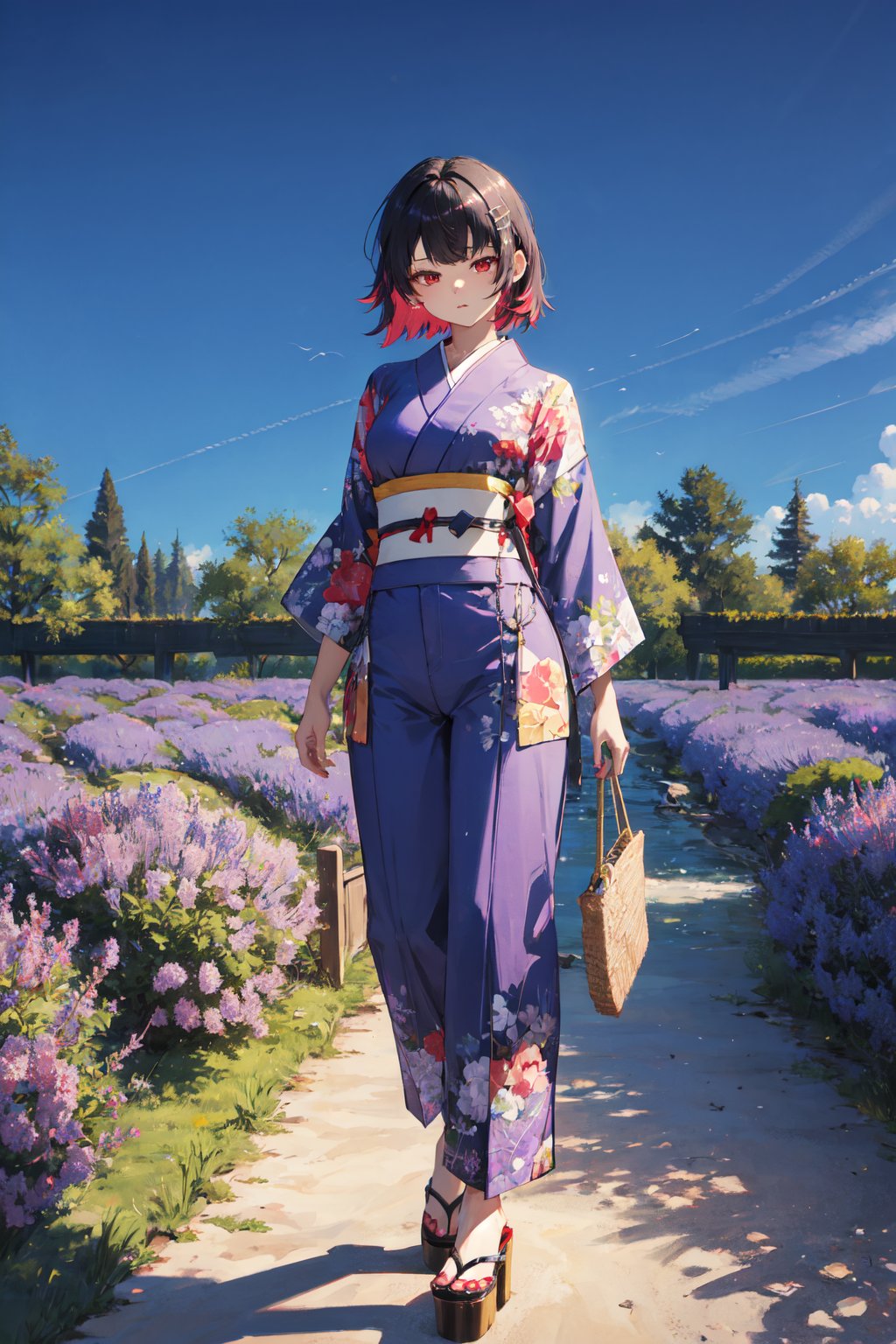 <lora:Ellen-000010:0.8>,Ellen CYQL,1girl,looking at viewer,solo,shark girl,short hair,black hair,red hair,multicolored hair,colored inner hair,red eyes,tail,shark tail,(Printed_kimono_cardigan:1.4),(Wide-leg_jumpsuit:1.3),(Platform_espadrilles:1.2),(Botanical_garden_background:1.4),sad,bust,Lavender rows, Provencal farmhouse, Rolling hills, Lavender harvest, French countryside, Purple carpet,(Coastal wildflowers, Coastal cliffs, Pacific Ocean views, Wildflower bloom, Coastal breeze, California landscape:0.5),beautiful detailed sky,beautiful detailed glow,posing in front of a colorful and dynamic background,masterpiece,best quality,beautiful and aesthetic,contrapposto,female focus,wallpaper,