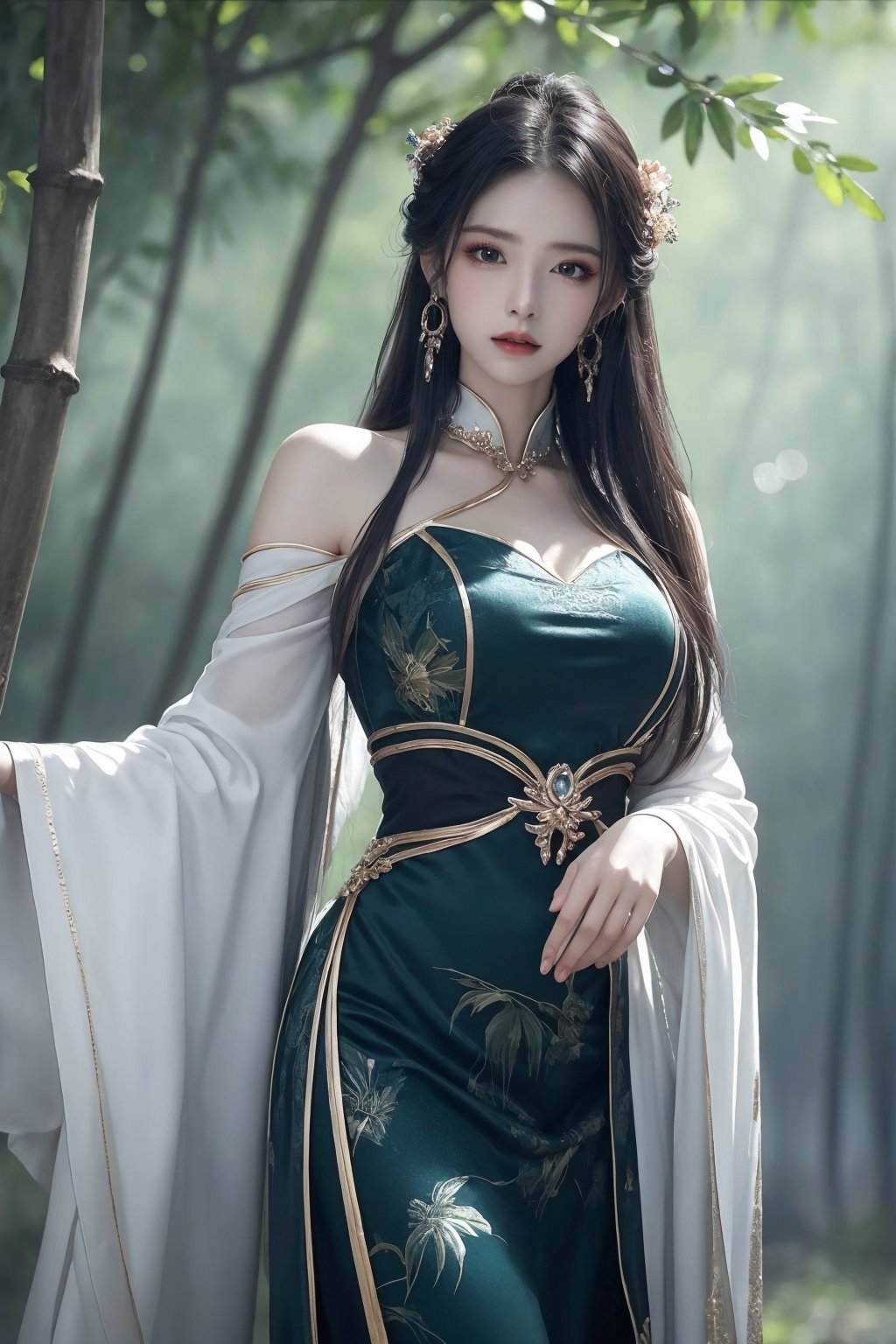 1girl, bamboo, bare shoulders, bare tree, blurry, blurry background, blurry foreground, branch, breasts, chinese clothes, depth of field, dress, earrings, forest, green eyes, jewelry, leaf, long hair, long sleeves, looking at viewer, makeup, nature, palm tree, parted lips, plant, solo, standing, tree, wide sleeves <lora:天穹1.0:0.8>