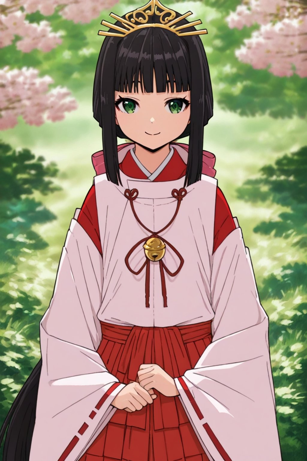 core_9, score_8_up, score_7_up, score_6_up, score_5_up, score_4_up, source_anime, shizuku_nige, black hair, green eyes,low-tied long hair,1girl, solo, cowboy shot, miko, smile, looking at viewer, hakama, overy long hair, skirt, blunt bangs, ponytail, closed mouth, tiara,masterpiece, perfect face, best quality, beautiful girl, blurry background, cute girl, beautiful eyes, shiny eyes, perfect body, forest, <lora:cqpeel5e878c738l4mug:1>