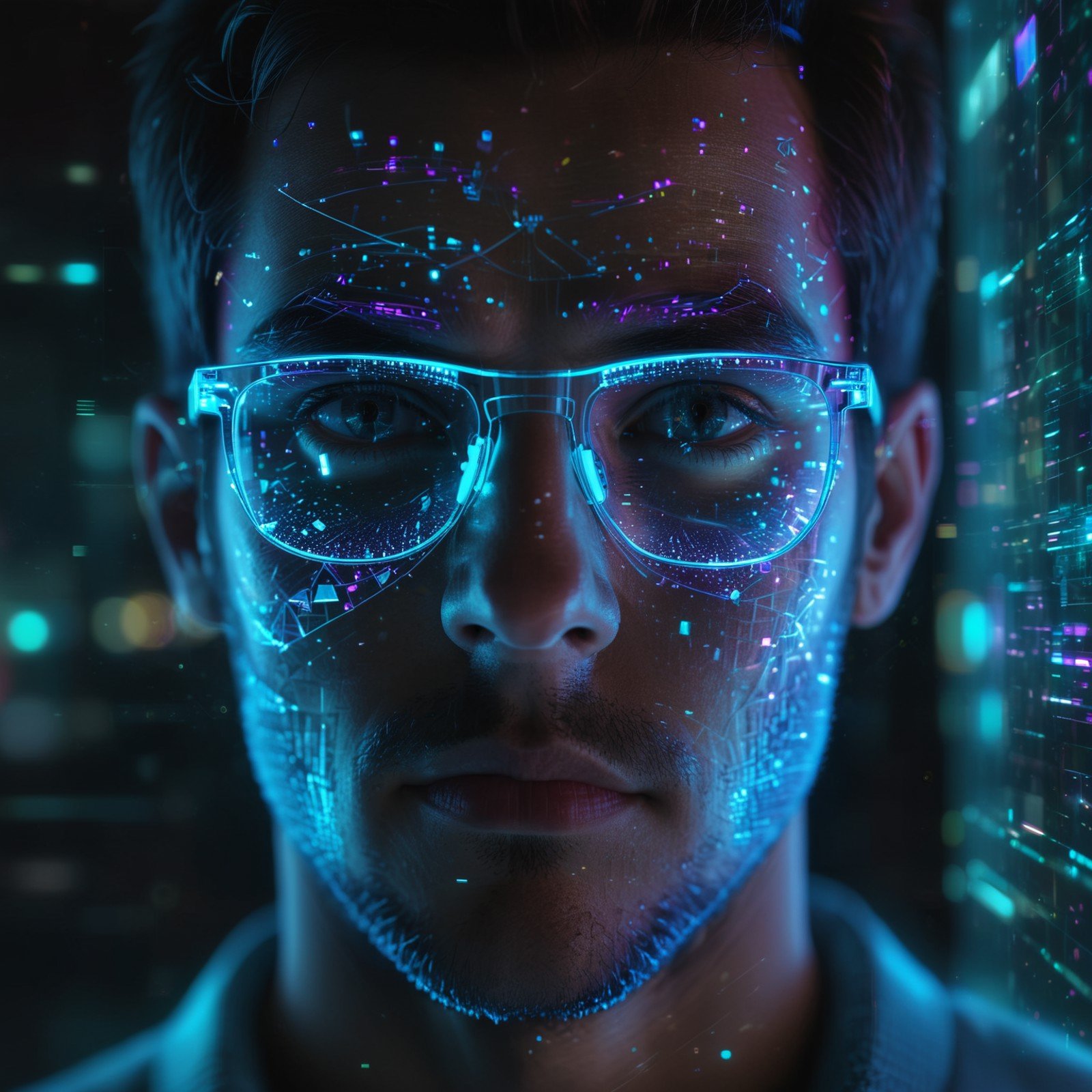 <lora:holoportraitv1:0.6> hlpr, holographic display of a man with glasses made of light, looking at the camera, hologram, futuristic, lights, holographic, holo, wireframe , UI, particles, nodes, user interface background, cyberpunk, cyan, magenta, luminescent, opalescent