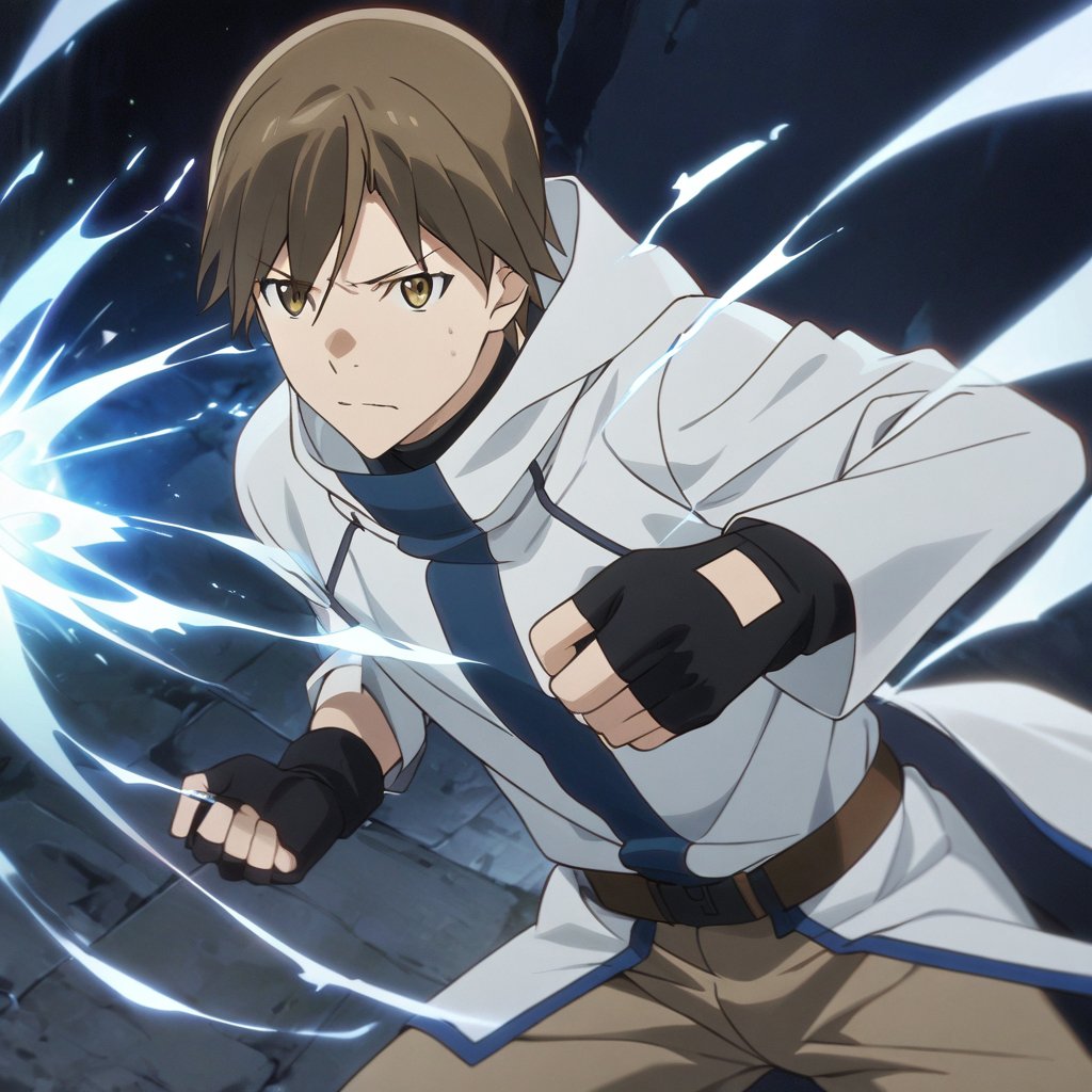 fighting, spelling light magic, manato_grimgar, 1boy, solo,white jacket, brown boots, beige pants, fingerless gloves, (masterpiece, high-quality, breathtaking, highres, ultra detailed), (expressive eyes, perfect face) <lora:manato grimgar:1> <lora:Fixhands_anime_bdsqlsz_V1:1> <lora:ClearHand_V2:1>