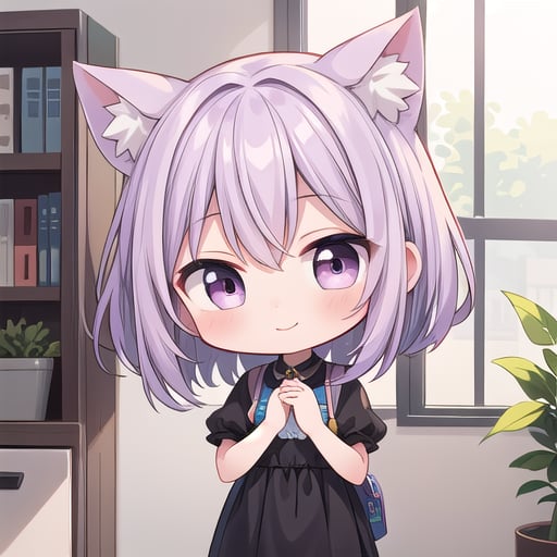 1girl, (chibi:1.4), smile, closed mouth, upper body, standing, animal ear, purple hair, indoors