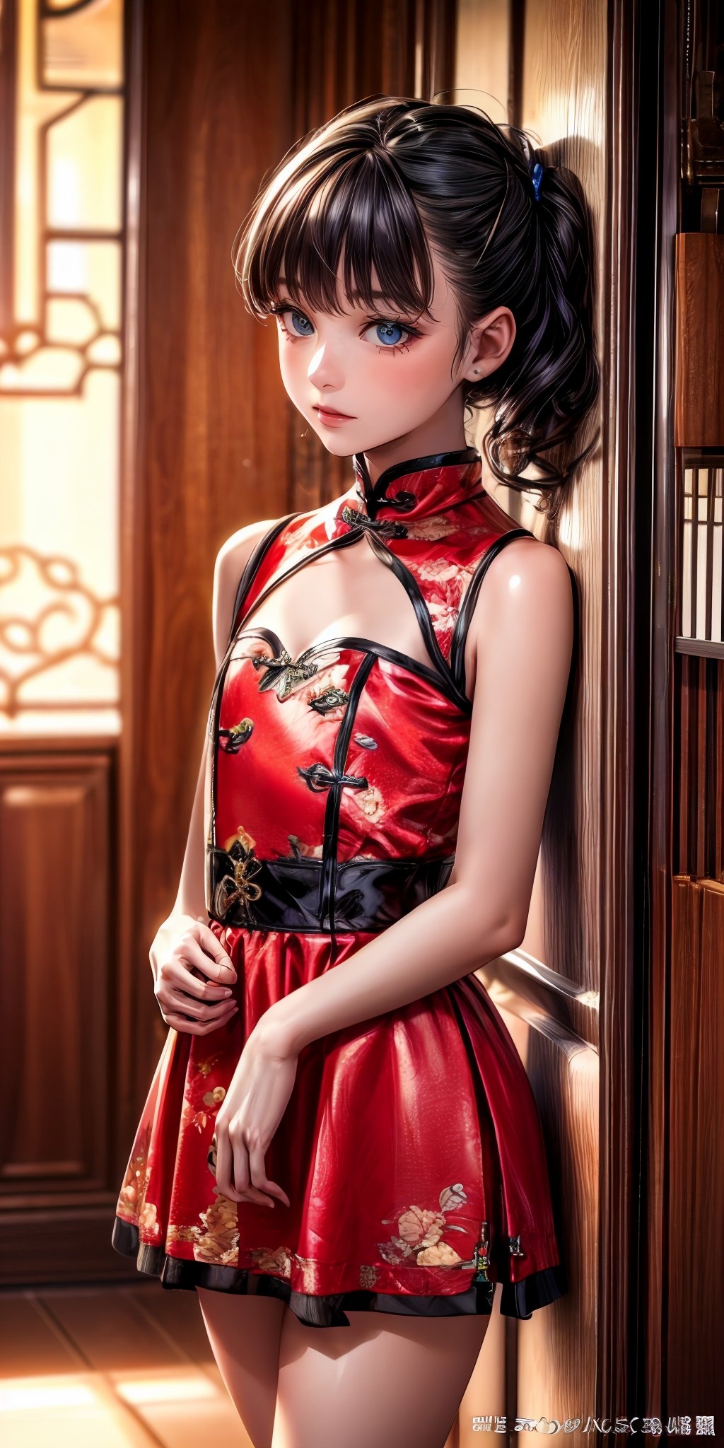 masterpiece,ultra-detailed,best quality,8K,illustration,ultra-detailed-beautiful-face,Clean skin,photographical skin,shiny skin,shiny hair, photographical hair,(petite girl:1.2) ,<lora:more_details:1> cowboy shot,thighs, <lora:n china dress v2.0:0.8> jyojifuku, china dress, skirt