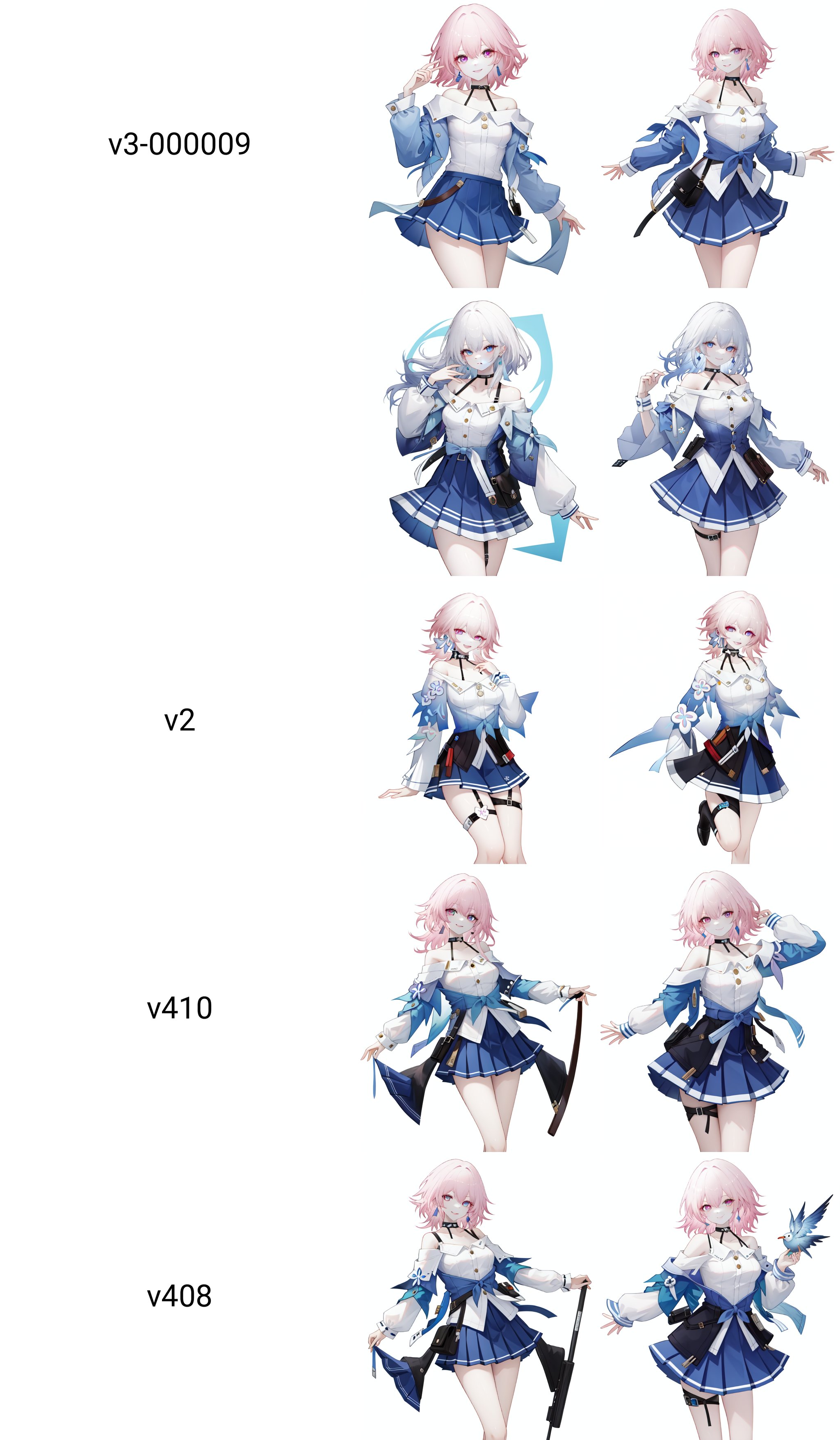 <lora:三月七v3-000009:1:lbw=char>,march7th,1girl,solo,white shirt,long sleeves,blue jacket,blue skirt,black choker,earrings,pleated skirt,bare shoulders,smile,<lora:三月七v2:0:lbw=char>,, (masterpiece,best quality:1.2),absurdres, high quality,