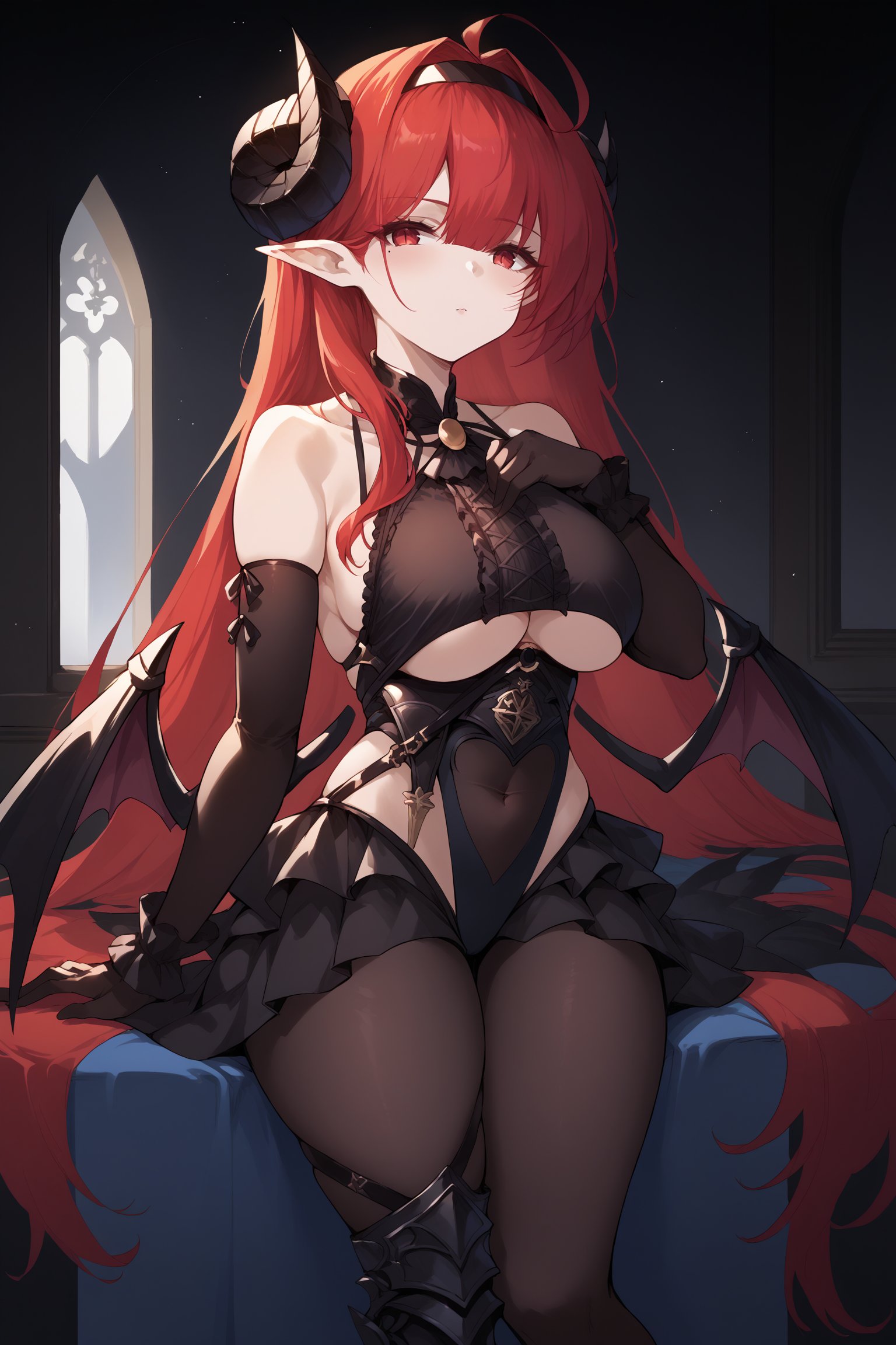 score_9, score_8_up, score_7_up, , rating_explicit,nsfw,1girl ,hinsd, ahoge, hair between eyes, absurdly long hair, mole under eye, o-ring, center cross lace, sideboob, demon horns, demon tail, low wings, pointy ears, black elbow gloves, hairband, frilled leotard, brooch, bodystocking, clothing cutout, underboob cutout, covered navel, thighhighs, miniskirt, thigh strap, armored boots, high heels, source_anime, <lora:HindenburgPDCAME AL:1>, <lora:GBFSplashArtXLPDv2:1>, gbsa, splash art, see-through, indoors, facing viewer, 