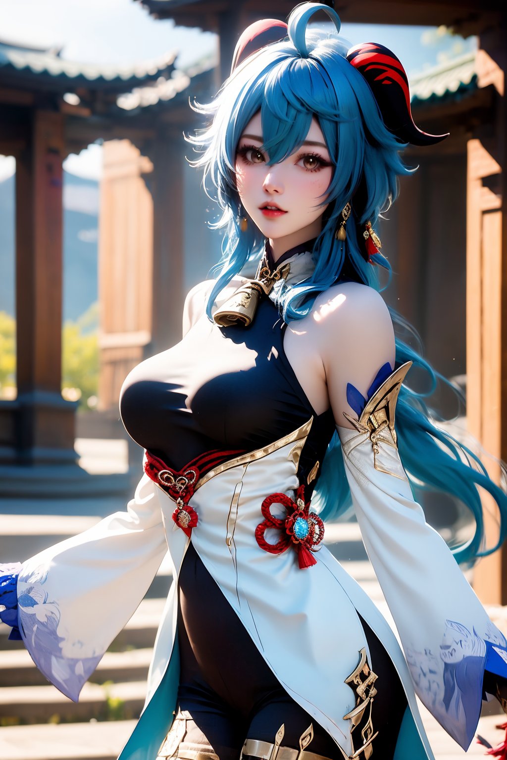 1girl, solo, ganyu \(genshin impact\), long hair, breasts, detached sleeves, blue hair, bell, horns, bare shoulders, gloves, vision \(genshin impact\), jewelry, earrings, looking at viewer, ahoge, black gloves, large breasts, bodystocking, parted lips, cowbell, tassel, lips, outdoors, goat horns, neck bell, cowboy shot, blurry, brown eyes, east asian architecture, hair between eyes, architecture, pantyhose, long sleeves, blurry background, gold trim, 