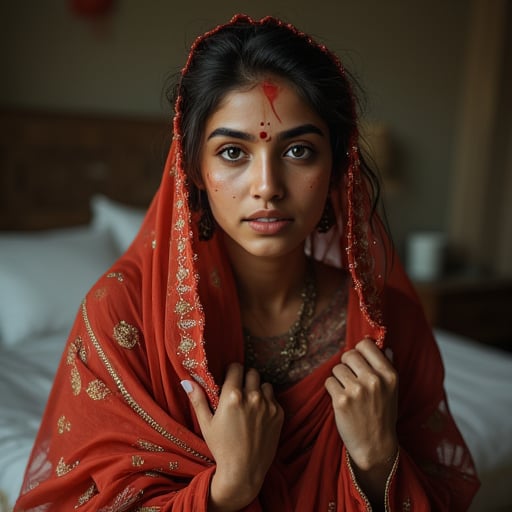 indian woman, hands on hips, freckles, teeth, facial mark, veil, bed, mole, plaid shirt, makeup, anklet, vest, 1boy, glasses, collared shirt