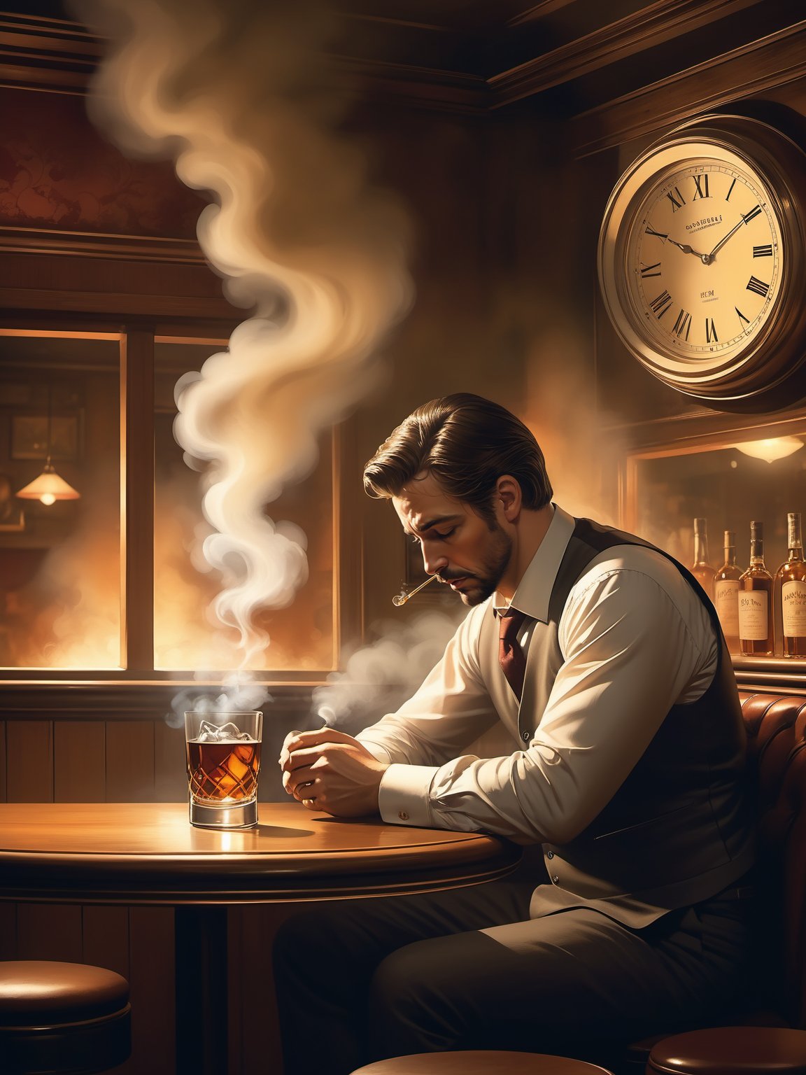 realistic, In a dimly lit bar, a man sits alone in the corner, swirling a glass of whiskey in his hand. Amidst the swirling smoke, his face carries a trace of melancholy, as if reminiscing about a love that is out of reach. The ticking of the clock on the wall makes time slow and heavy here, each tick a reminder that some things, once missed, can never be reclaimed.