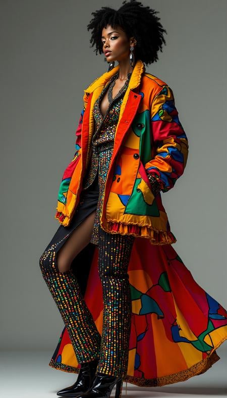 A glamorous fashion model wearing a bold, colorful ensemble, with a modern twist on classic couture. The outfit combines rich, luxurious fabrics with sleek, minimalistic elements, featuring striking patterns and a playful mix of colors. The model stands in a dynamic, confident pose, her expression filled with poise and allure. The background is understated, with soft lighting that enhances the brilliance of the outfit while maintaining an air of timeless elegance, midjourney_whisper_avant_couture, <lora:midjourney_whisper_avant_couture_v01:1>,